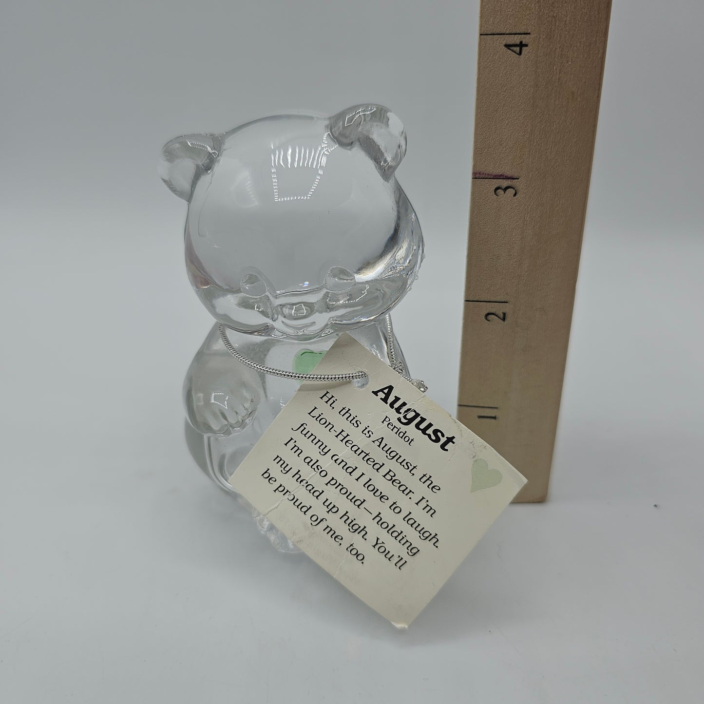 Fenton Clear Crystal Birthday Bear with Peridot Birthstone Heart - August