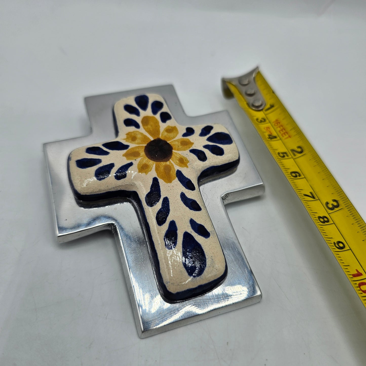 Mexican Pottery Cross with Metal Background Wall Decor