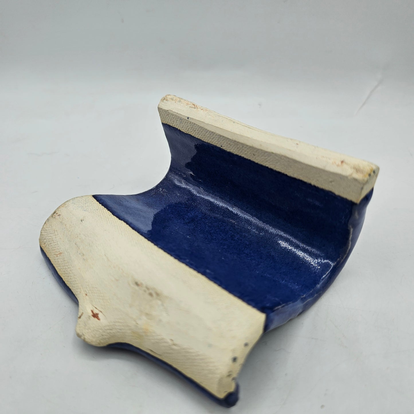 Self Draining Art Pottery Blue Patterned Sponge Holder or Soap Dish - Artisan Signed