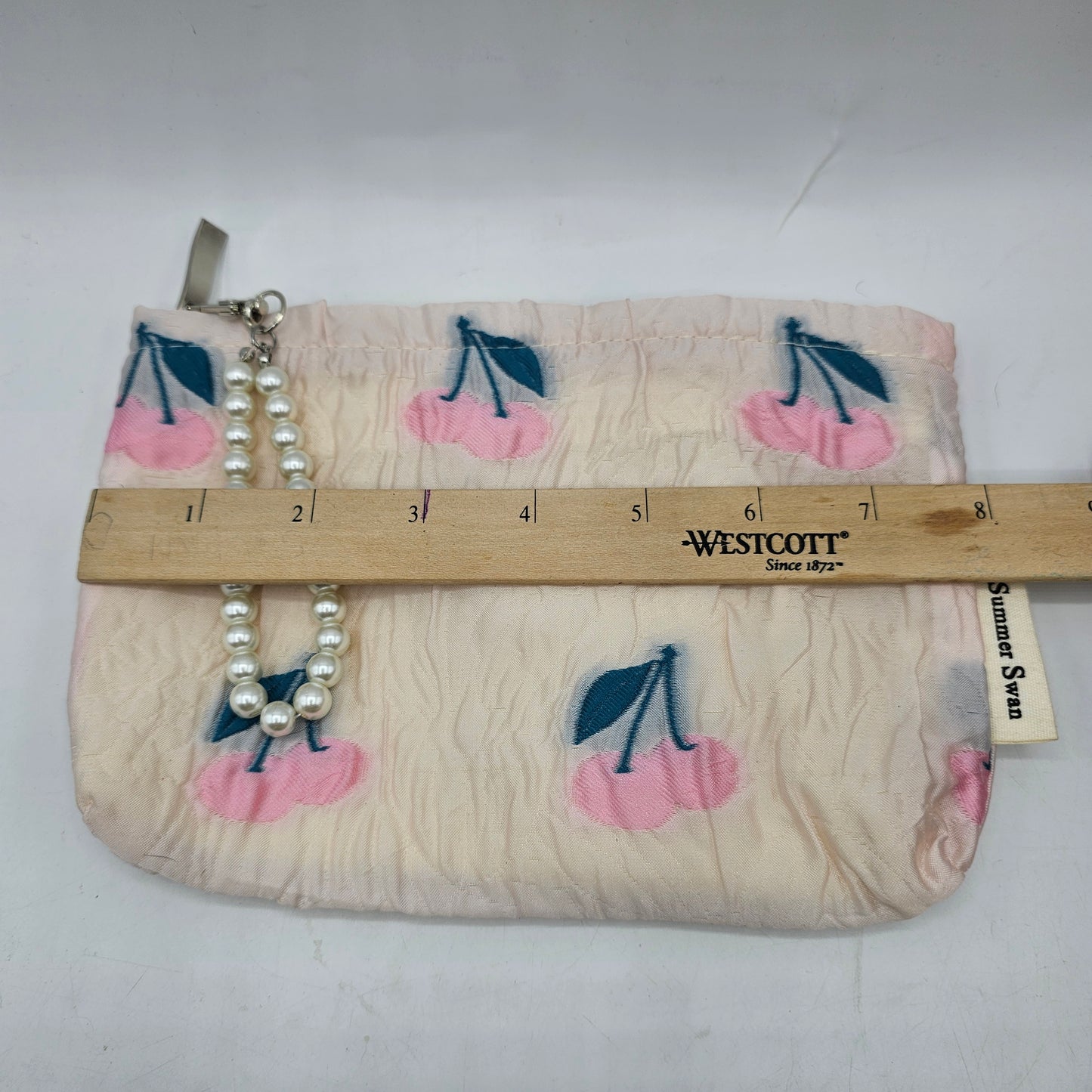 The Summer Swan Pink Zip Up Wristlet Purse / Make Up Bag with Cherries and Faux Pearl Pull Handle