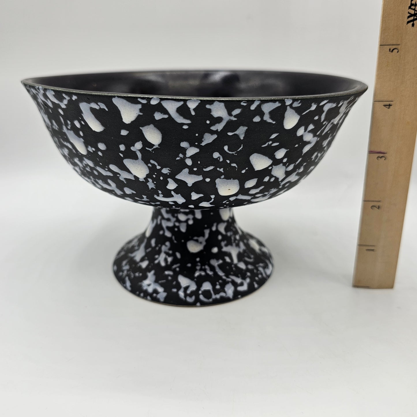 Red Wing Matte Black Pedestal Console Bowl with White Glossy Paint Splatter