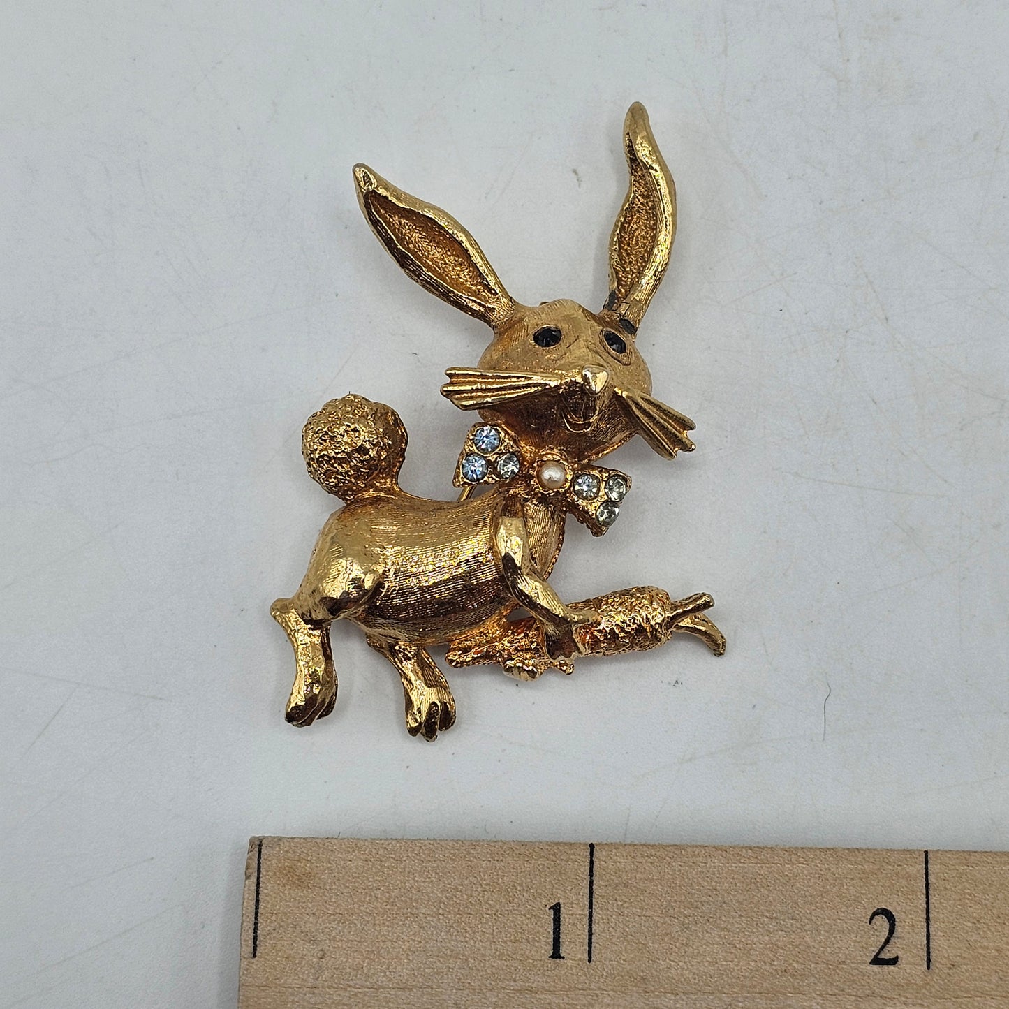Bunny Rabbit with Carrot Pin Back Brooch - Gold Tone