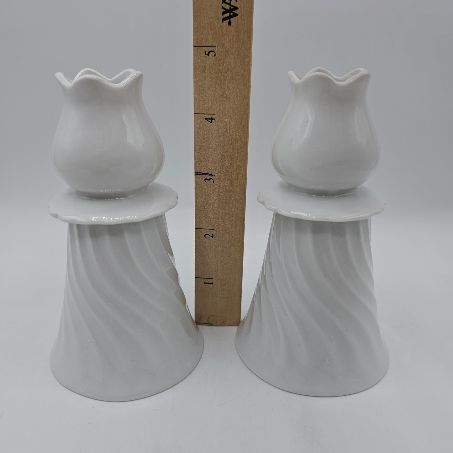 Double Sided White Ceramic Candlesticks with Tulip Top and Swirl