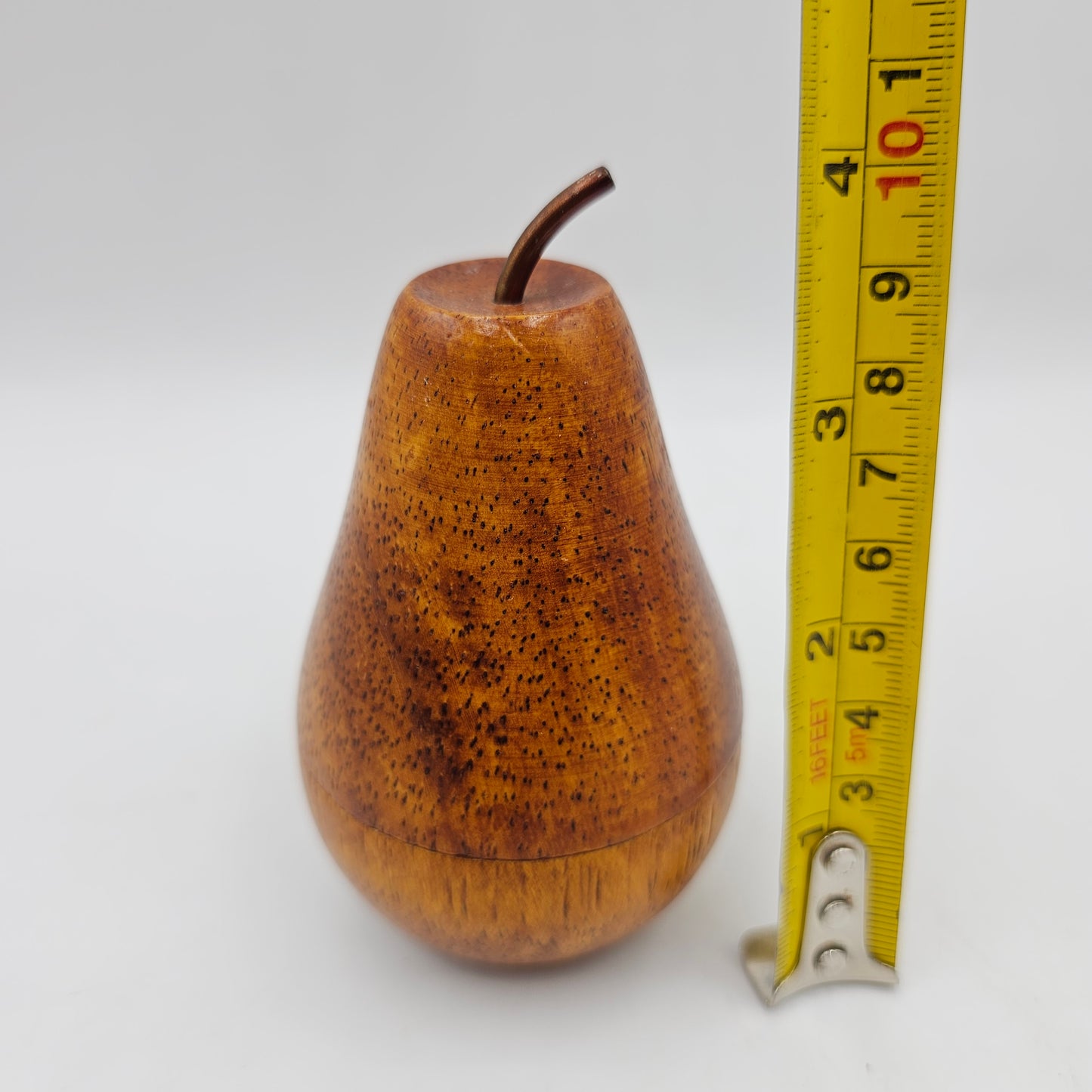 Carved Wood Pear Lidded Tea Light Candle Holder with Metal Stem