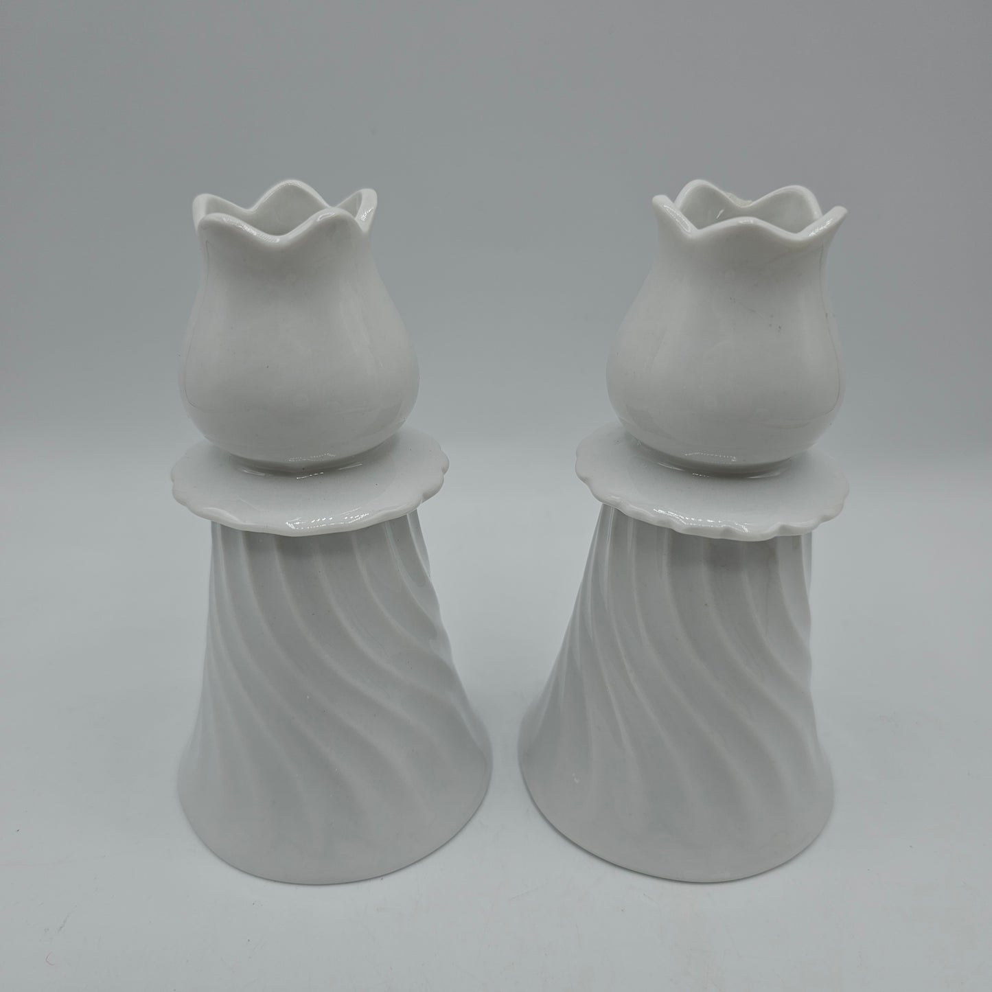 Double Sided White Ceramic Candlesticks with Tulip Top and Swirl