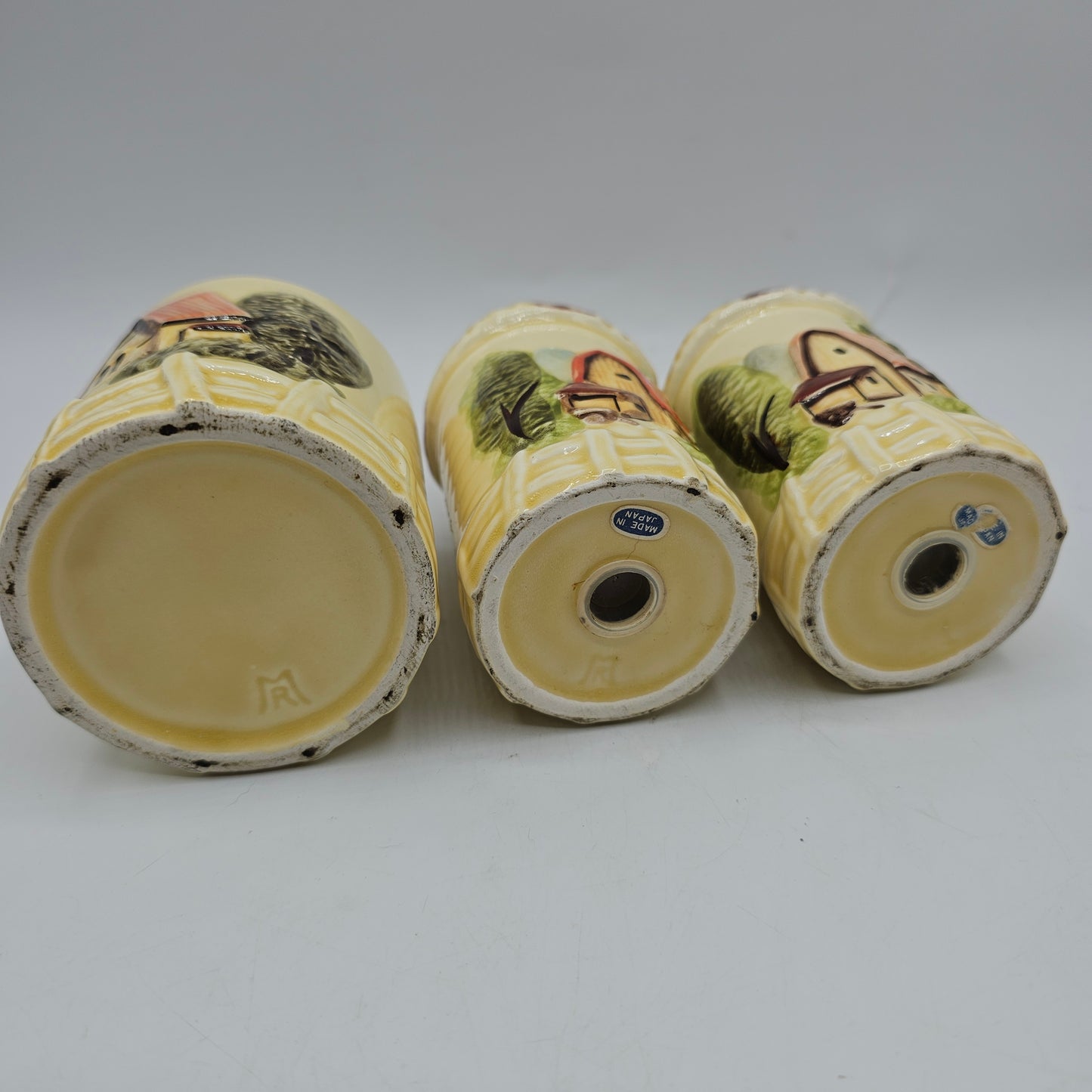 Marks Rosenfeld Farmhouse Salt and Pepper Shakers and Lidded Mustard Pot /Sugar