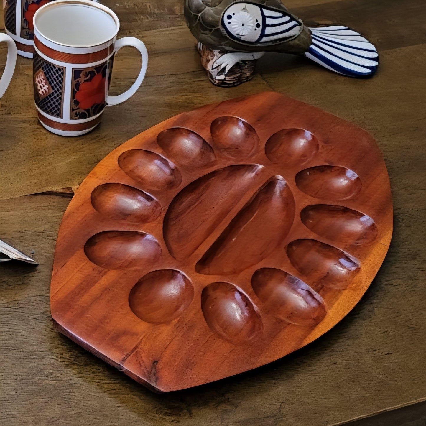 Vintage Carved Mahogany Wood Deviled Egg and Olive Serving Dish - Made in Haiti