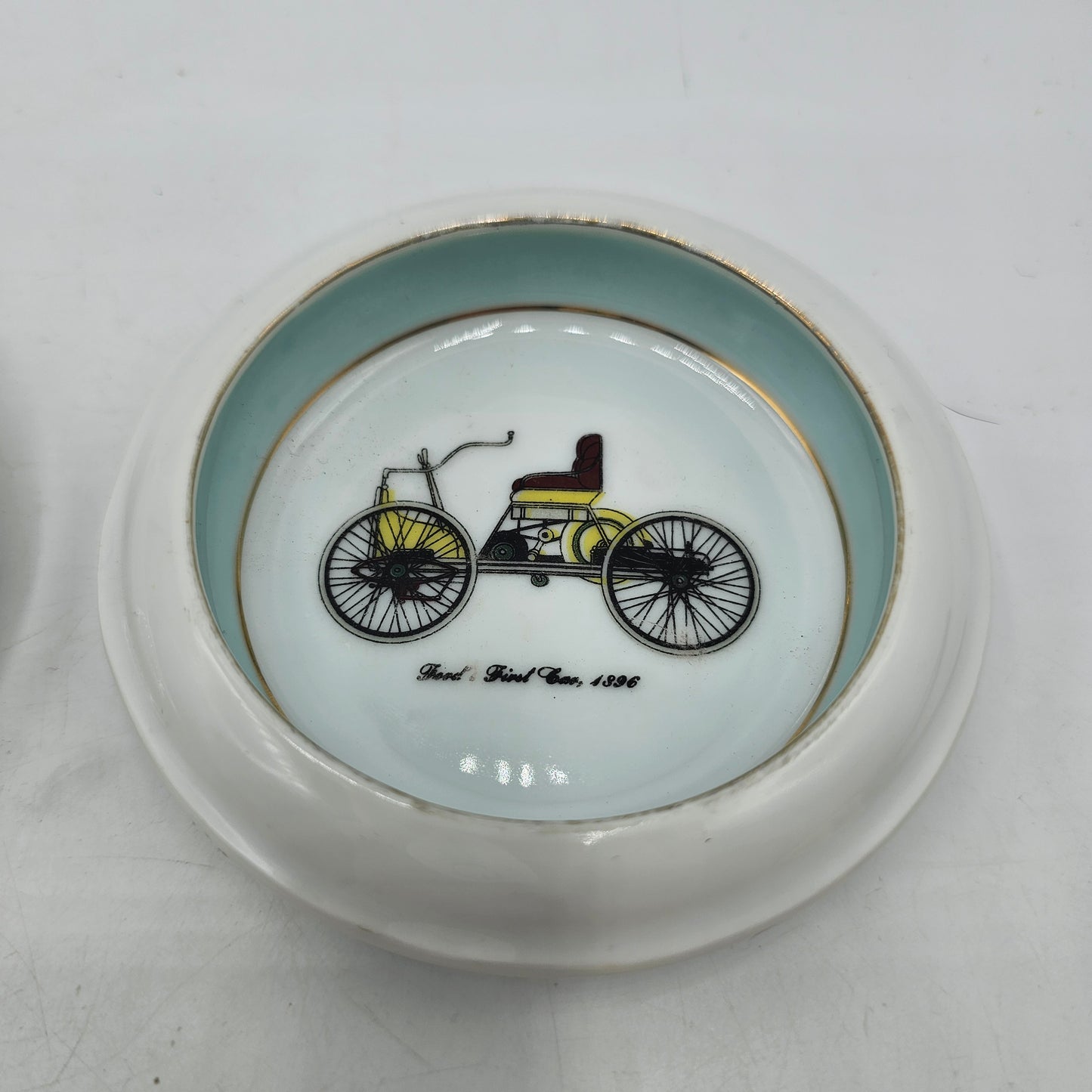 Two Vintage Ceramic Coasters or Trinket Dishes Featuring Classic Cars