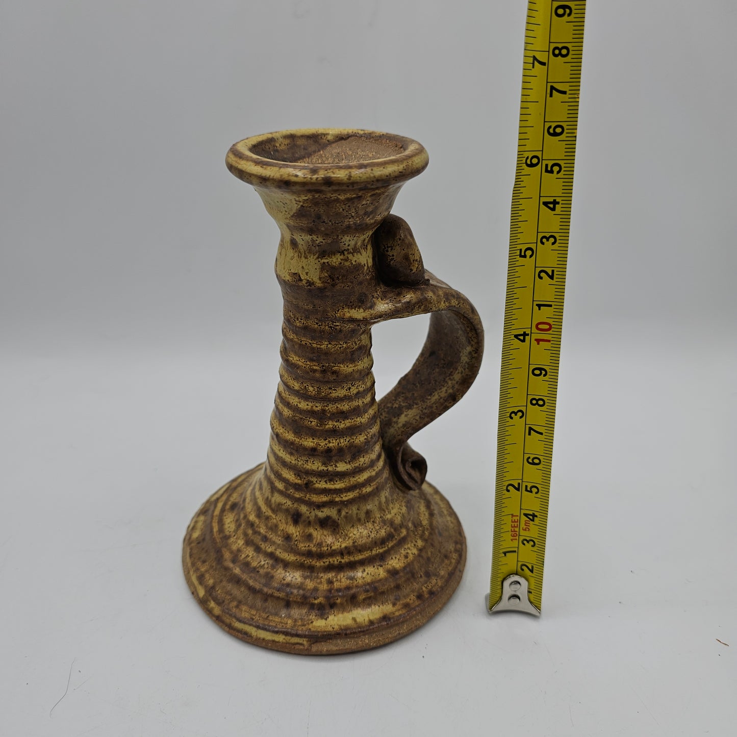 Signed Artisan Pottery Chamberstick Candlestick Candle Holder - 6" tall