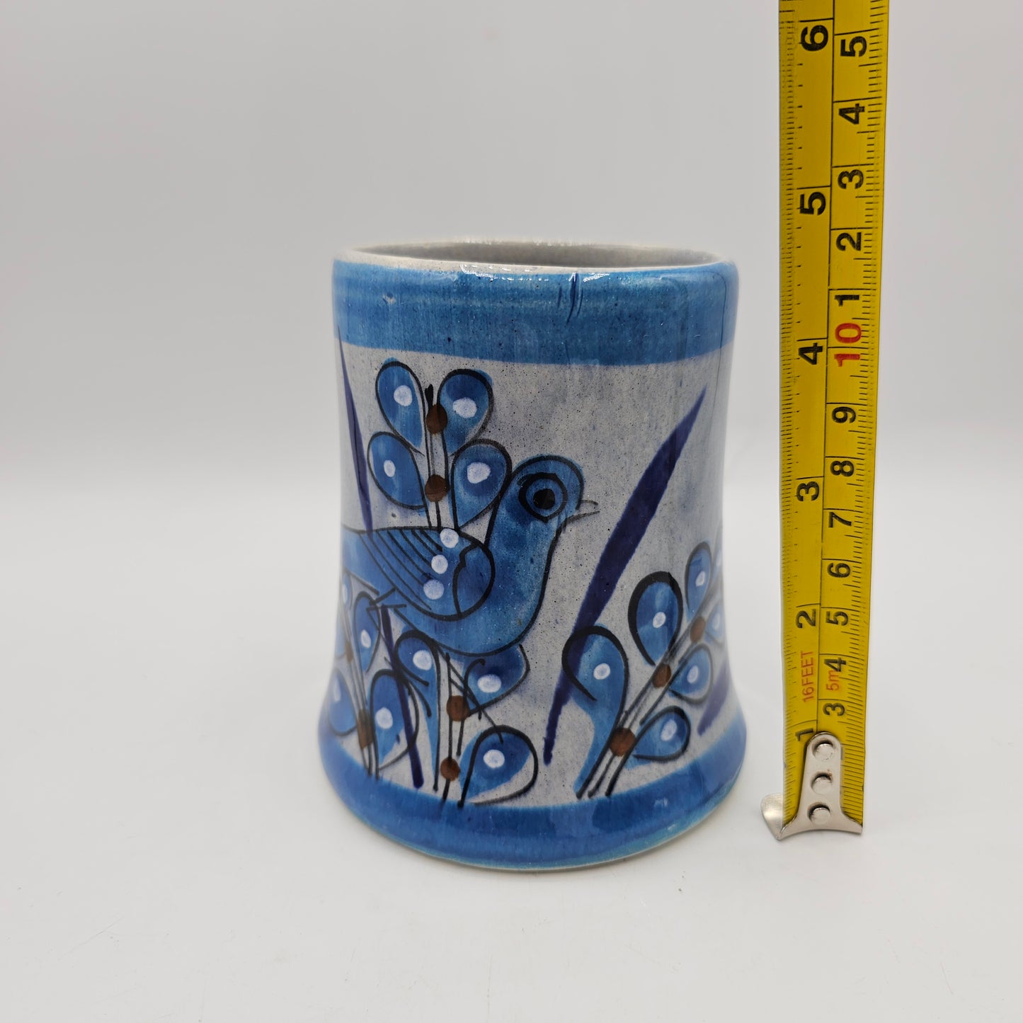 Tonala Mexican Pottery Mug with Blue Hand Painted Bird