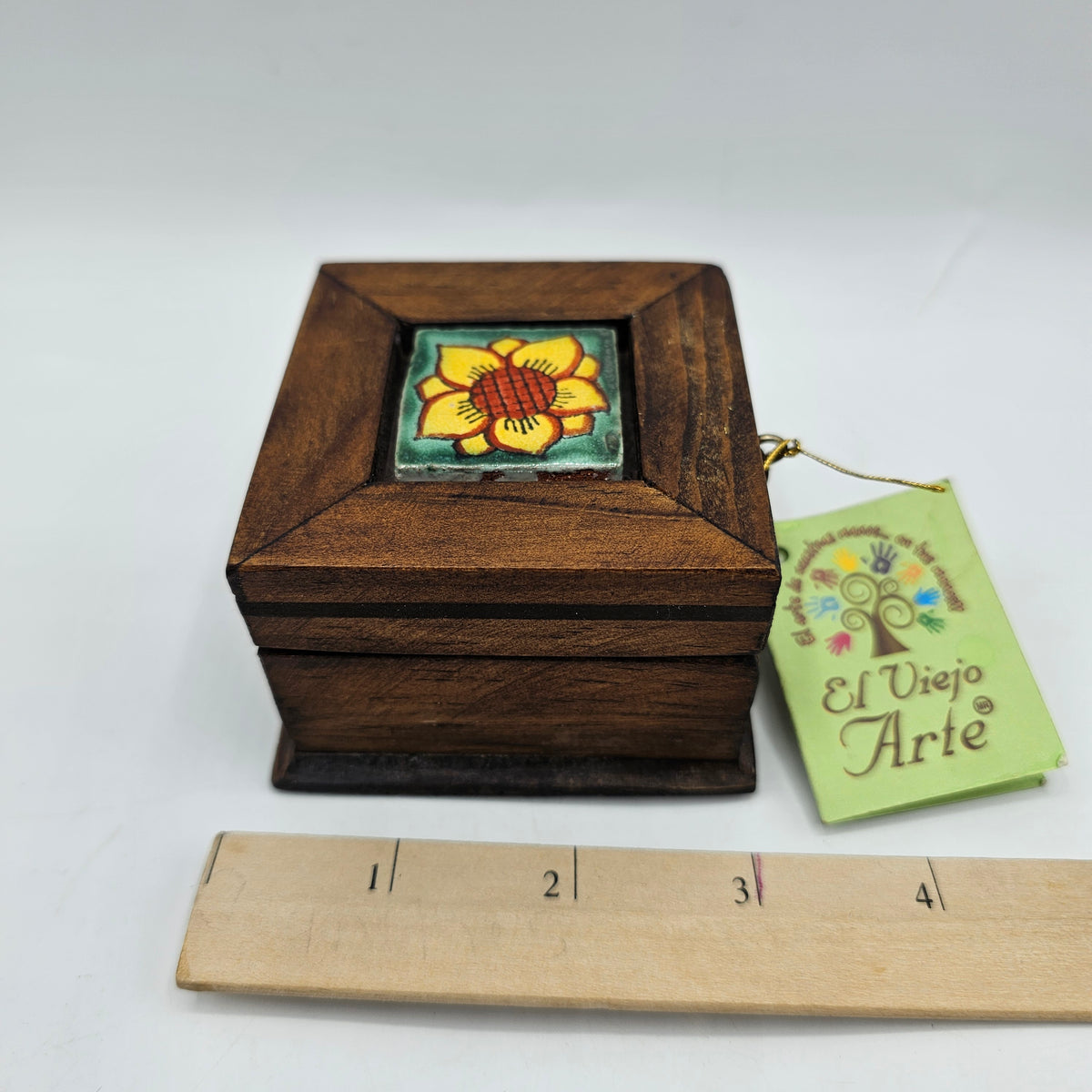 Small Wooden Hinged Lidded Trinket Box with Inlaid Ceramic Flower Tile