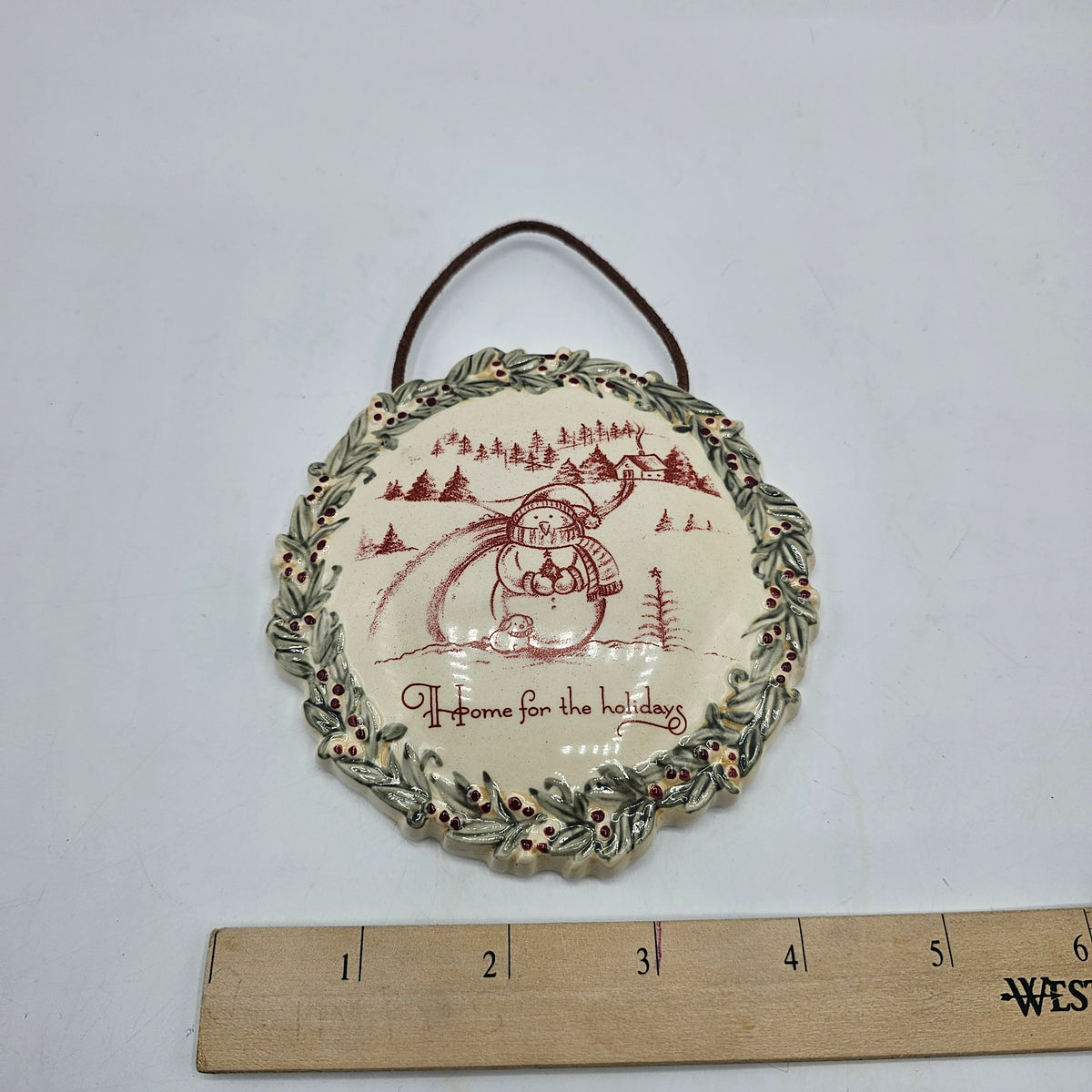 Ceramic Snowman Themed Wall Hanging Christmas Ornament / Stocking or Gift Tag Home for the Holidays