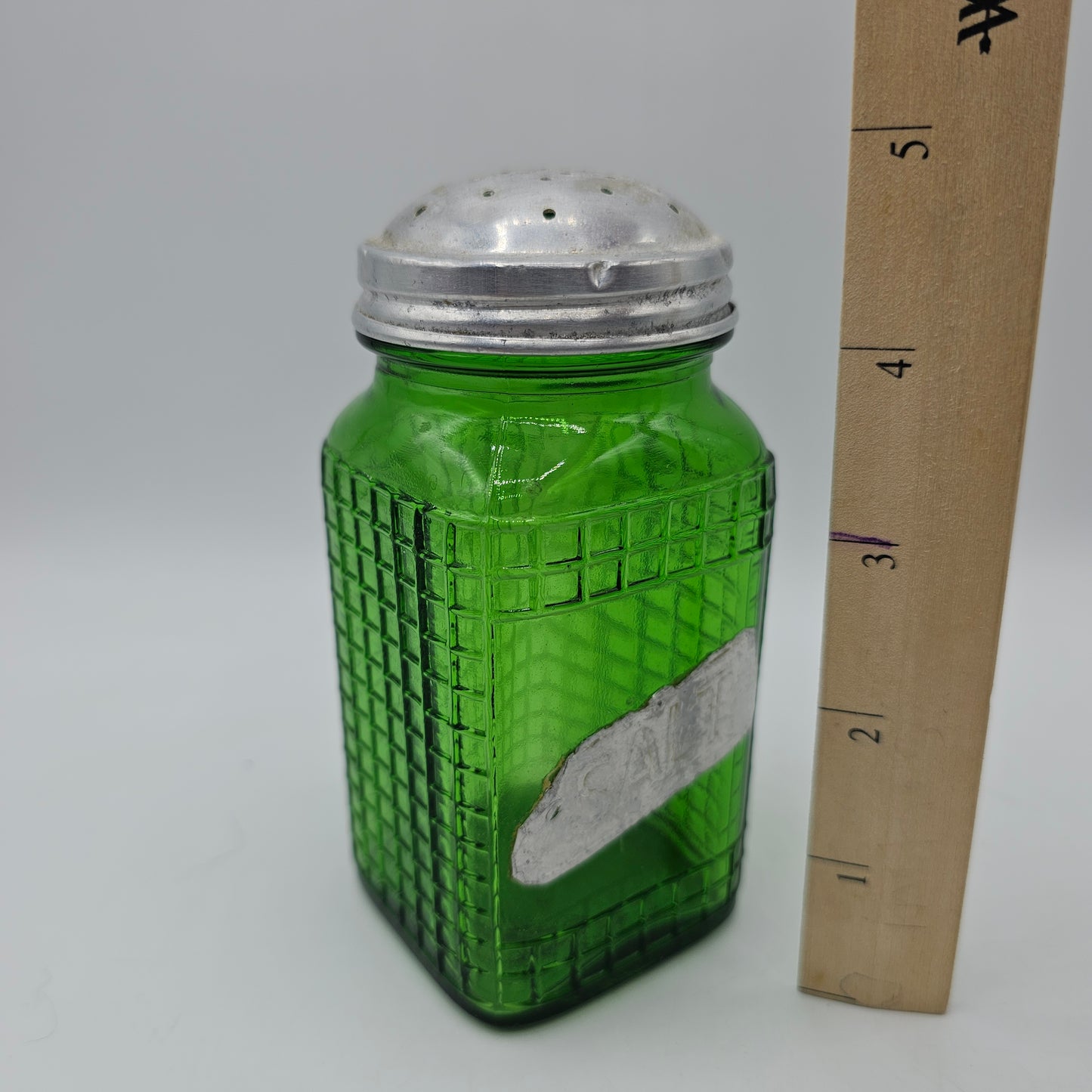 Vintage Owens Illinois Green Glass Waffle Pattern Salt Shaker (Damage to top)