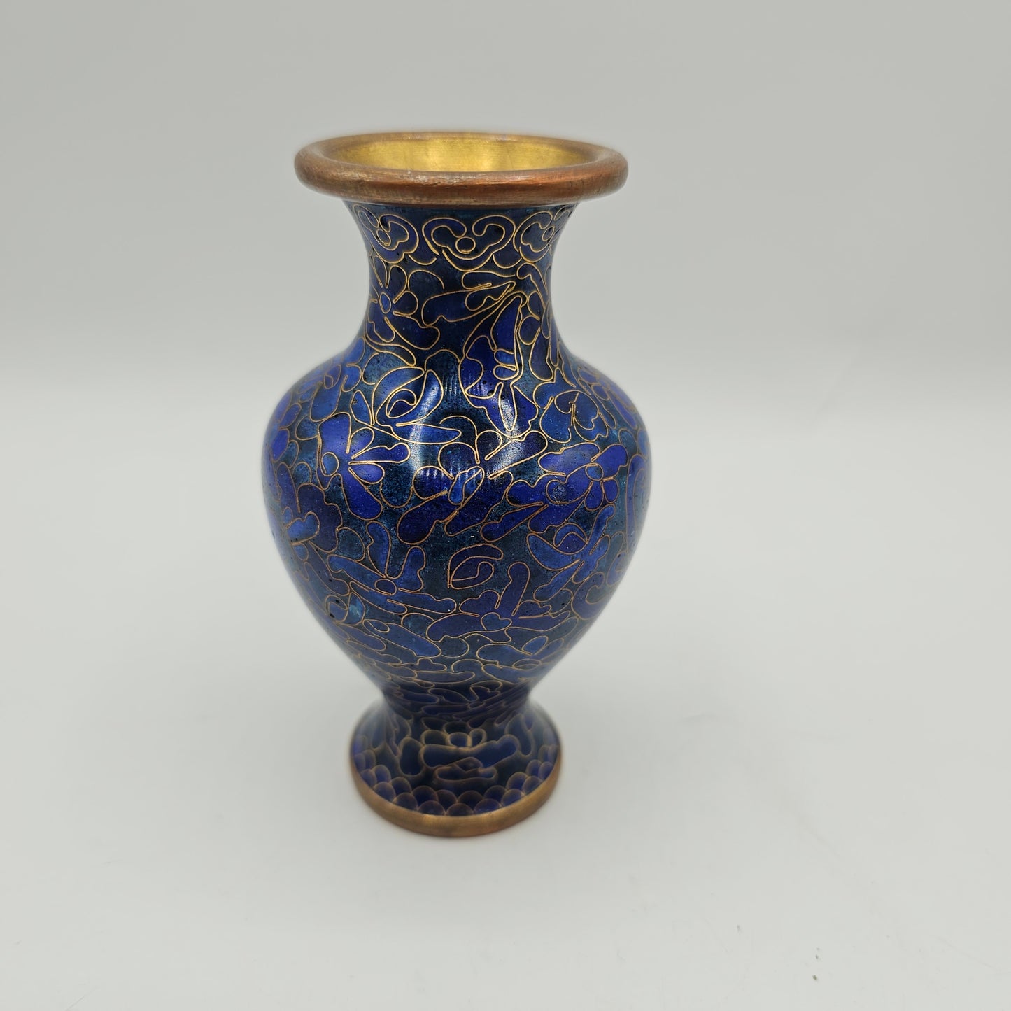 French Cloisonne Small Blue Vase with Gold Gilt - 4"