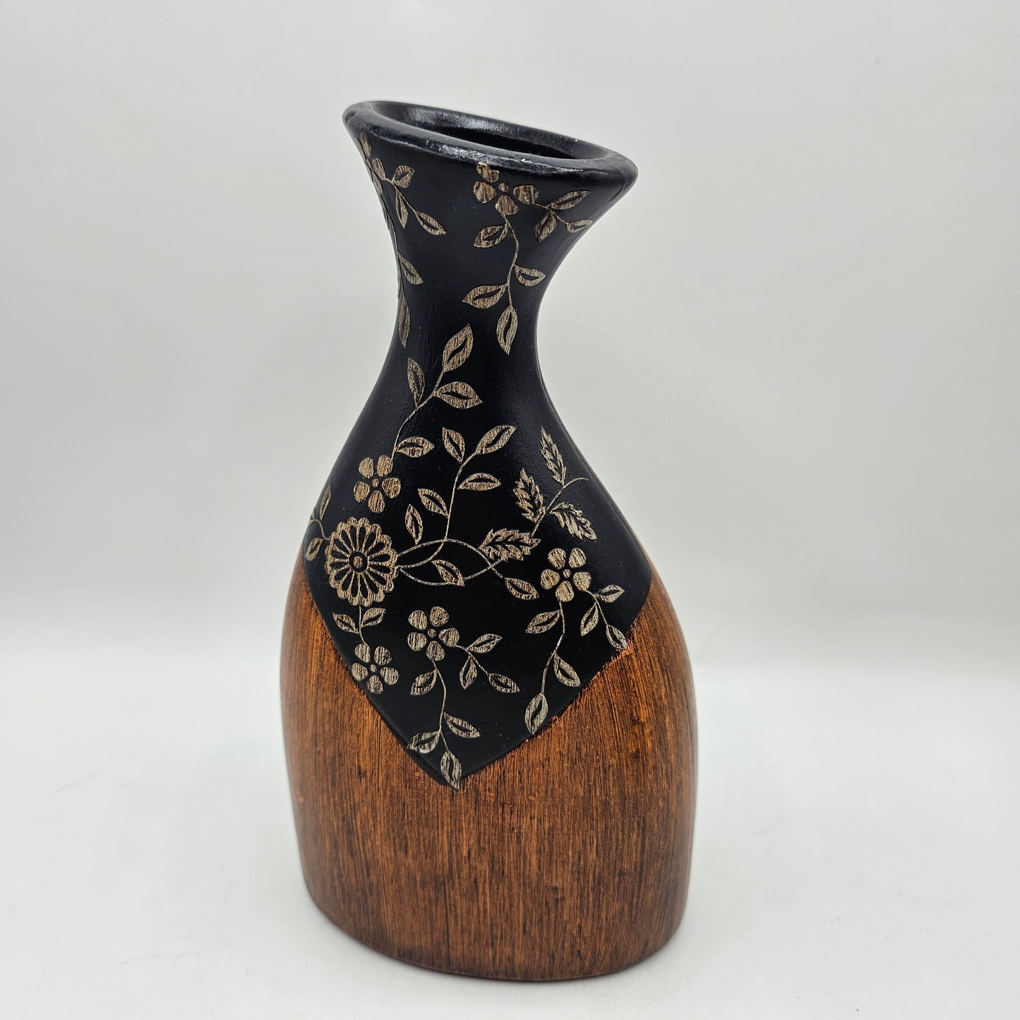 Ceramic "Wood Grain" Vase with Etched Flowers