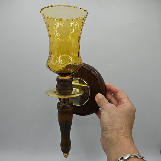 Vintage Brass and Wood Wall Candle Sconce with Amber Glass Peg Shade
