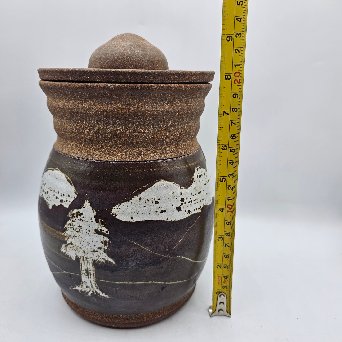 Artisan Pottery Lidded Cookie Jar with Trees and Mountains
