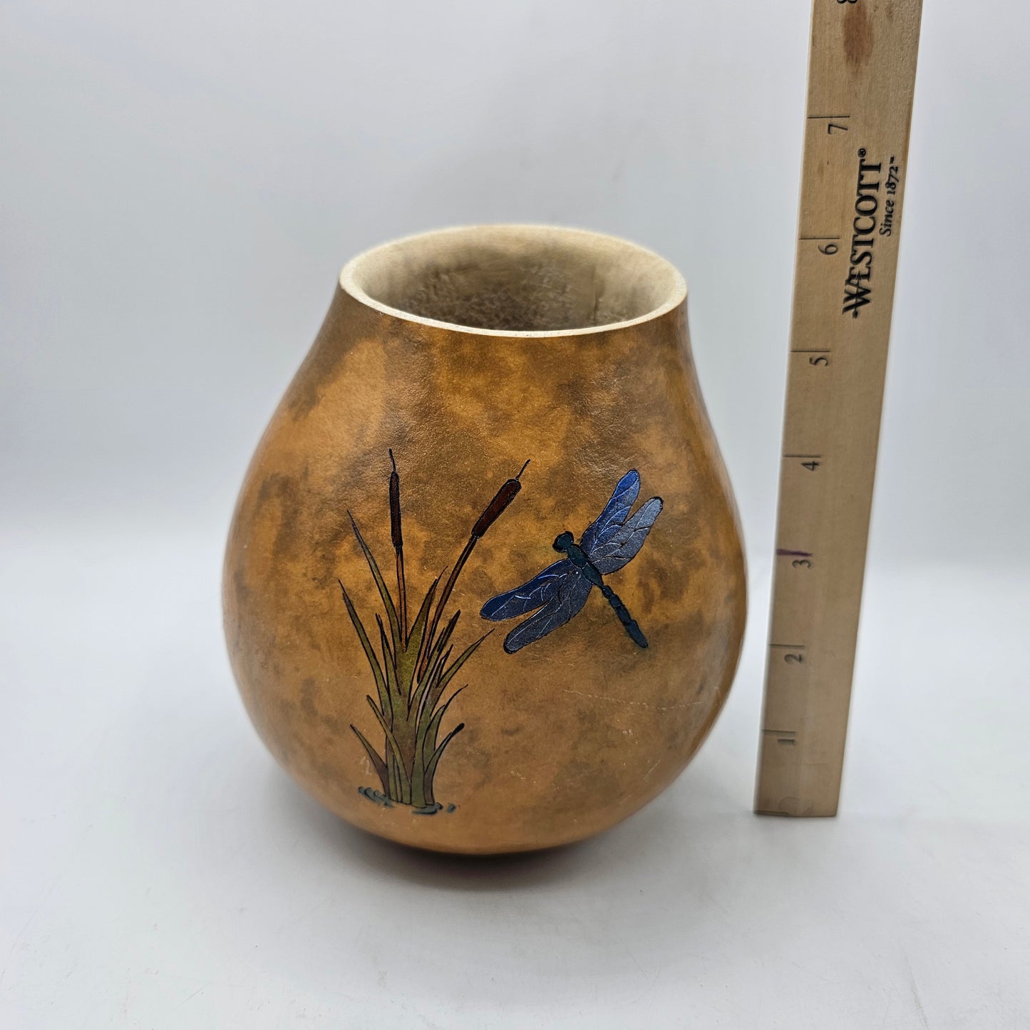 Carved, Painted and Signed Gourd Vase with Dragonfly and Bull Rushes