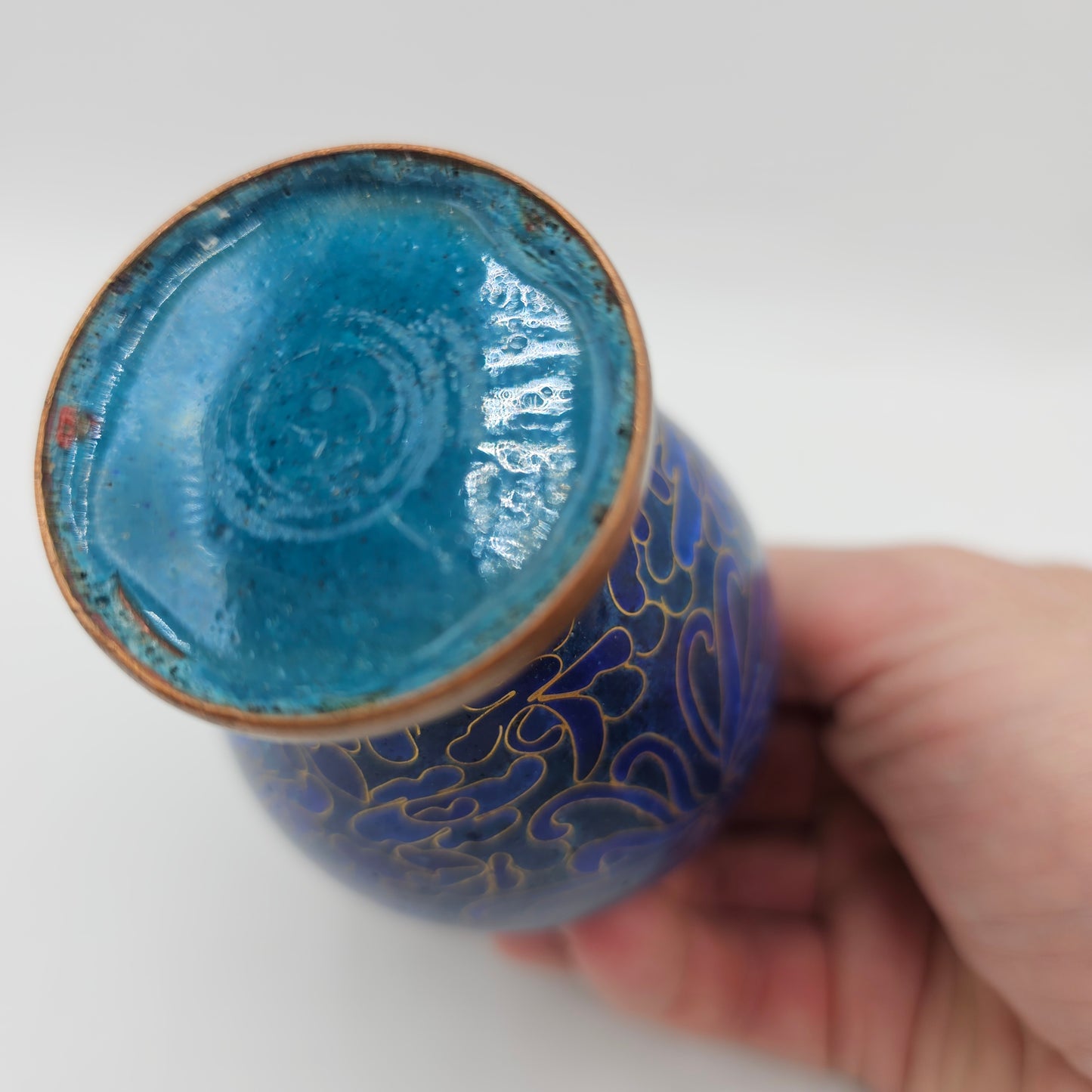 French Cloisonne Small Blue Vase with Gold Gilt - 4"