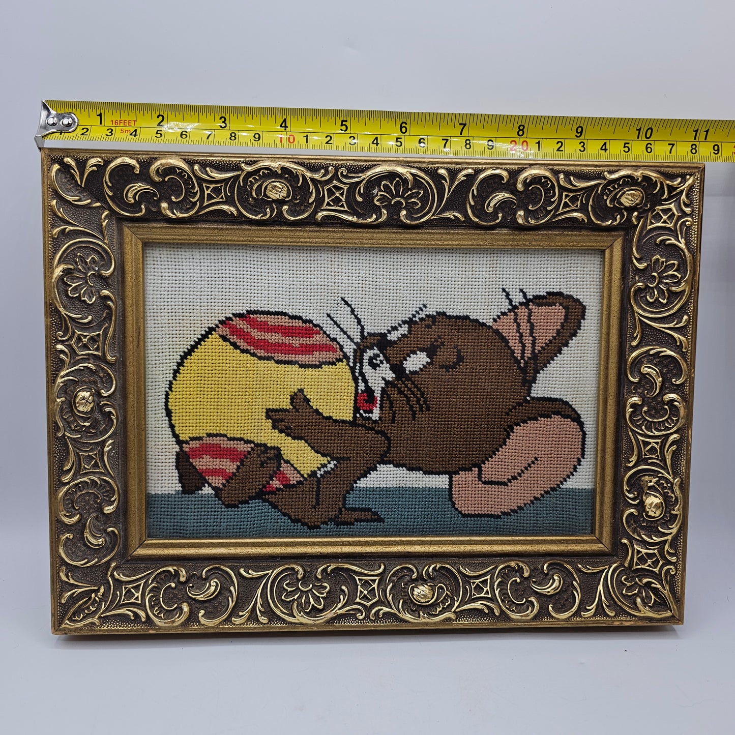 Vintage Framed Cartoon Jerry Mouse (Tom and Jerry) Needlepoint Stitchery