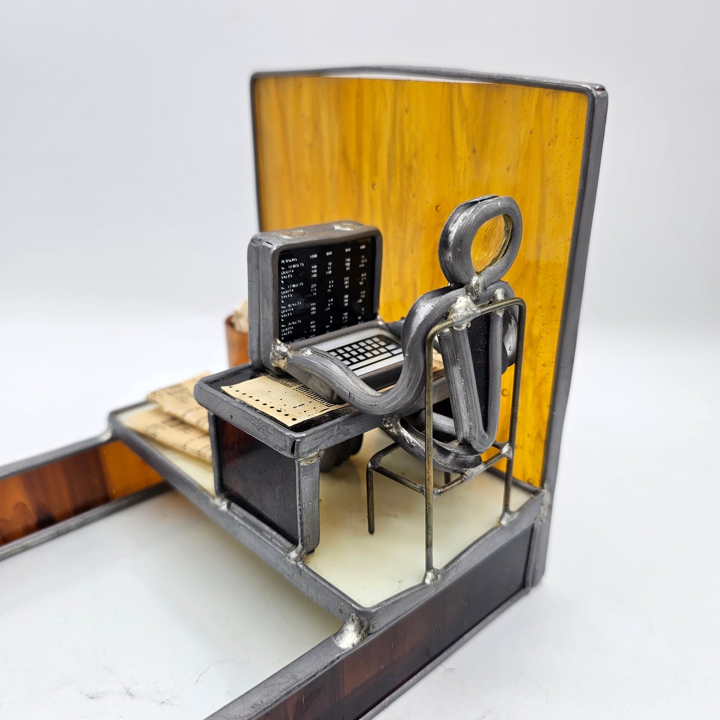 Vintage Carl Goeller Salesman / Stockbroker Sculptural Stained and Leaded Glass Letter Tray Desk Caddy