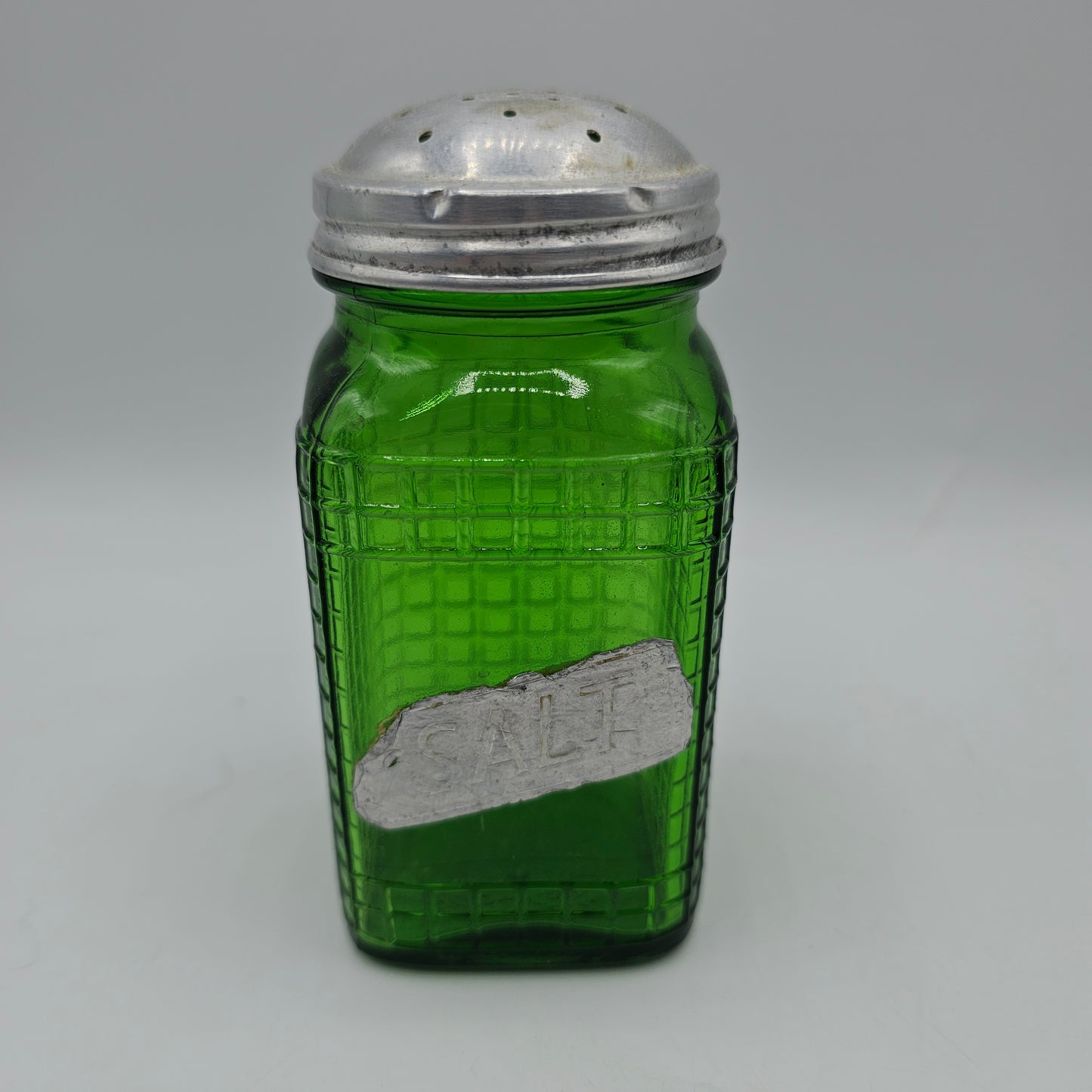 Vintage Owens Illinois Green Glass Waffle Pattern Salt Shaker (Damage to top)