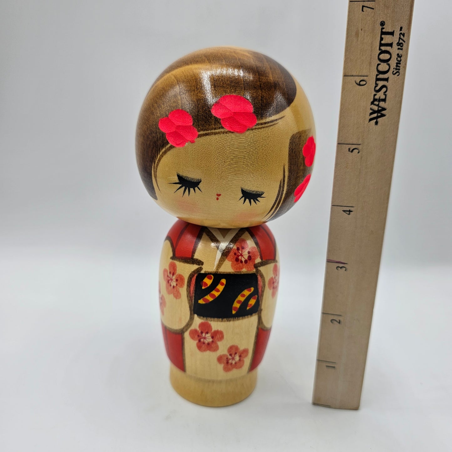 Kokeshi Doll Girl with Cherry Blossoms - Signed, Made in Japan