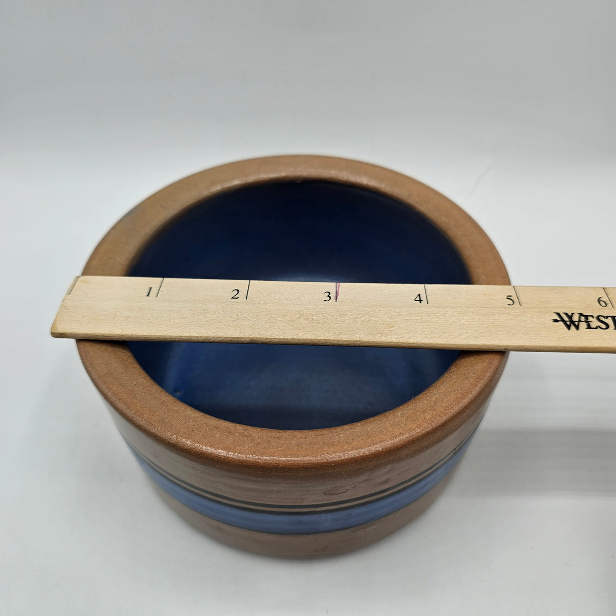Pottery Crock Bowl with Blue Interior and Blue and Black Stripes
