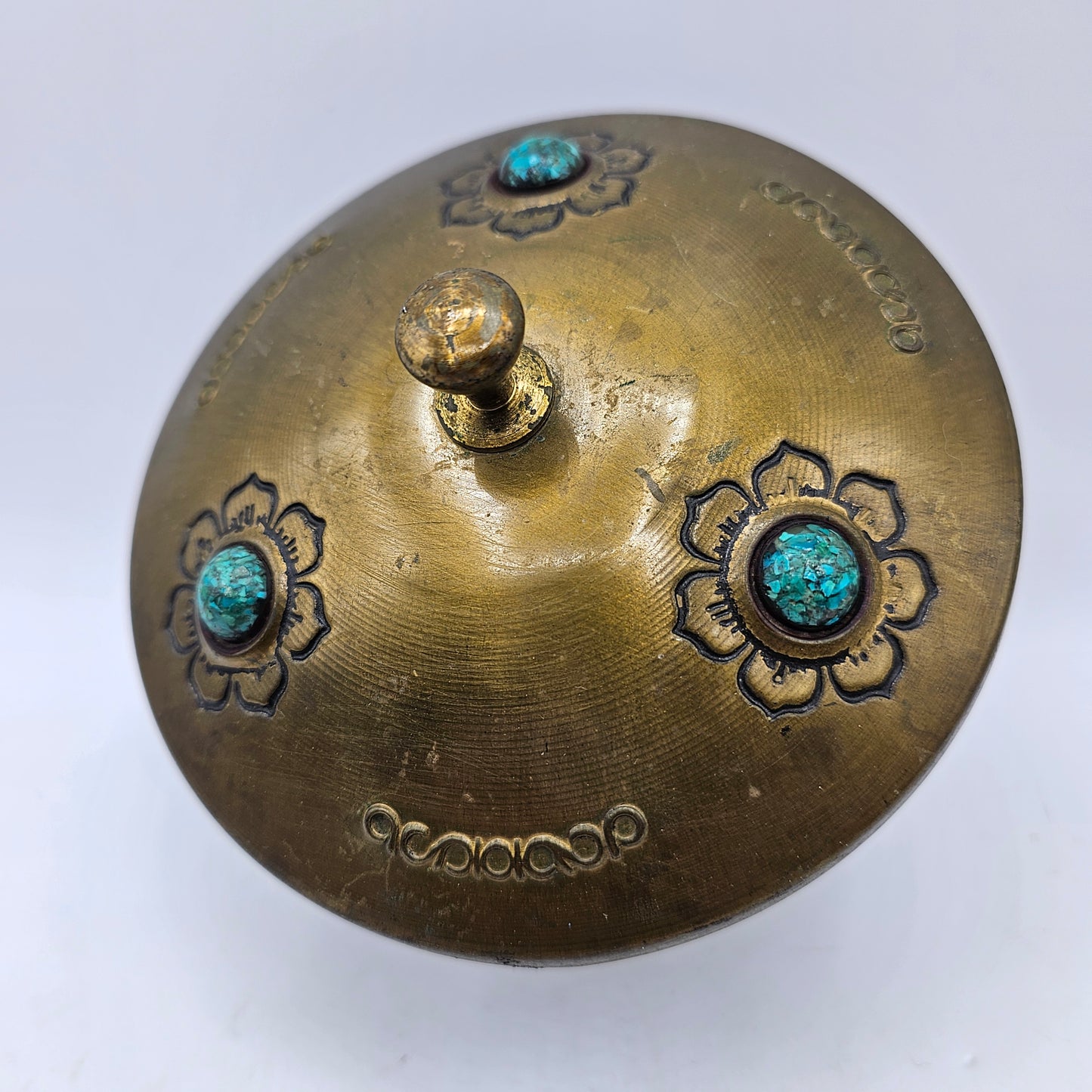 Vintage Israeli Hand Embossed and Debossed Brass Candy Dish with Turquoise Stone Inlay - Made in Israel
