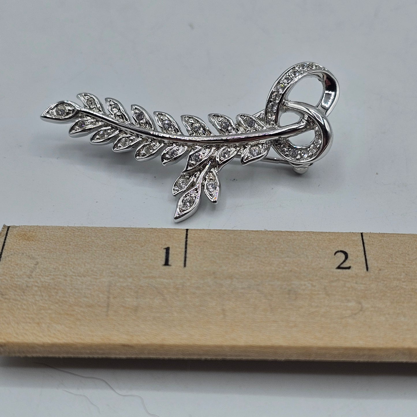 Vintage Silver Tone and Crystal Leaf Design Brooch