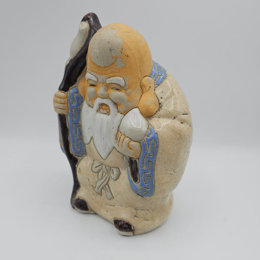 Vintage Chinese Mud Man God of Longevity Pottery Coin Bank