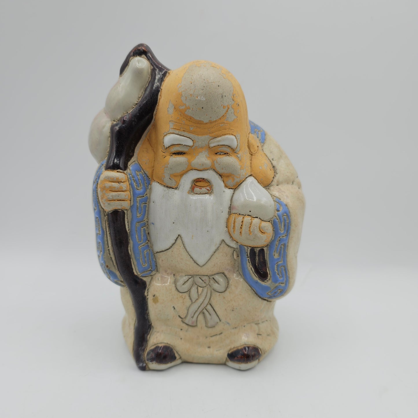 Vintage Chinese Mud Man God of Longevity Pottery Coin Bank