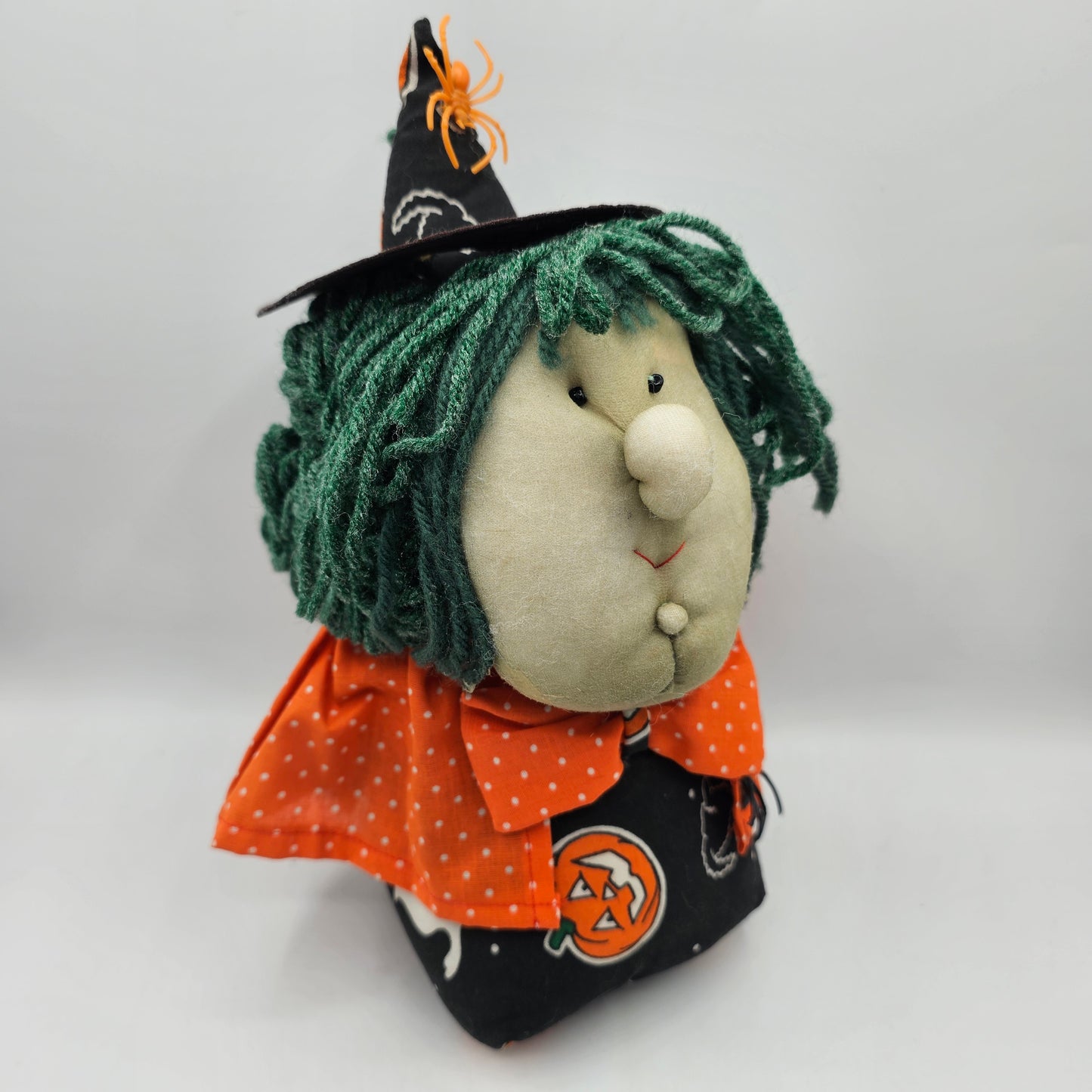 Handmade Plush Witch with Orange Cape and Green String Hair
