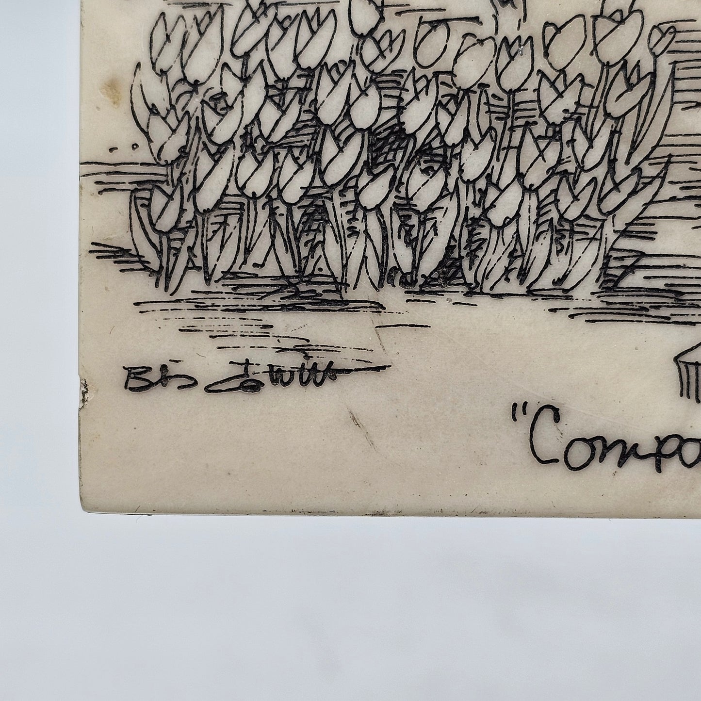 Etching on Faux Marble Tile "Compassionate Woman by Bob Newitt LDS Folk Art 6"x5"