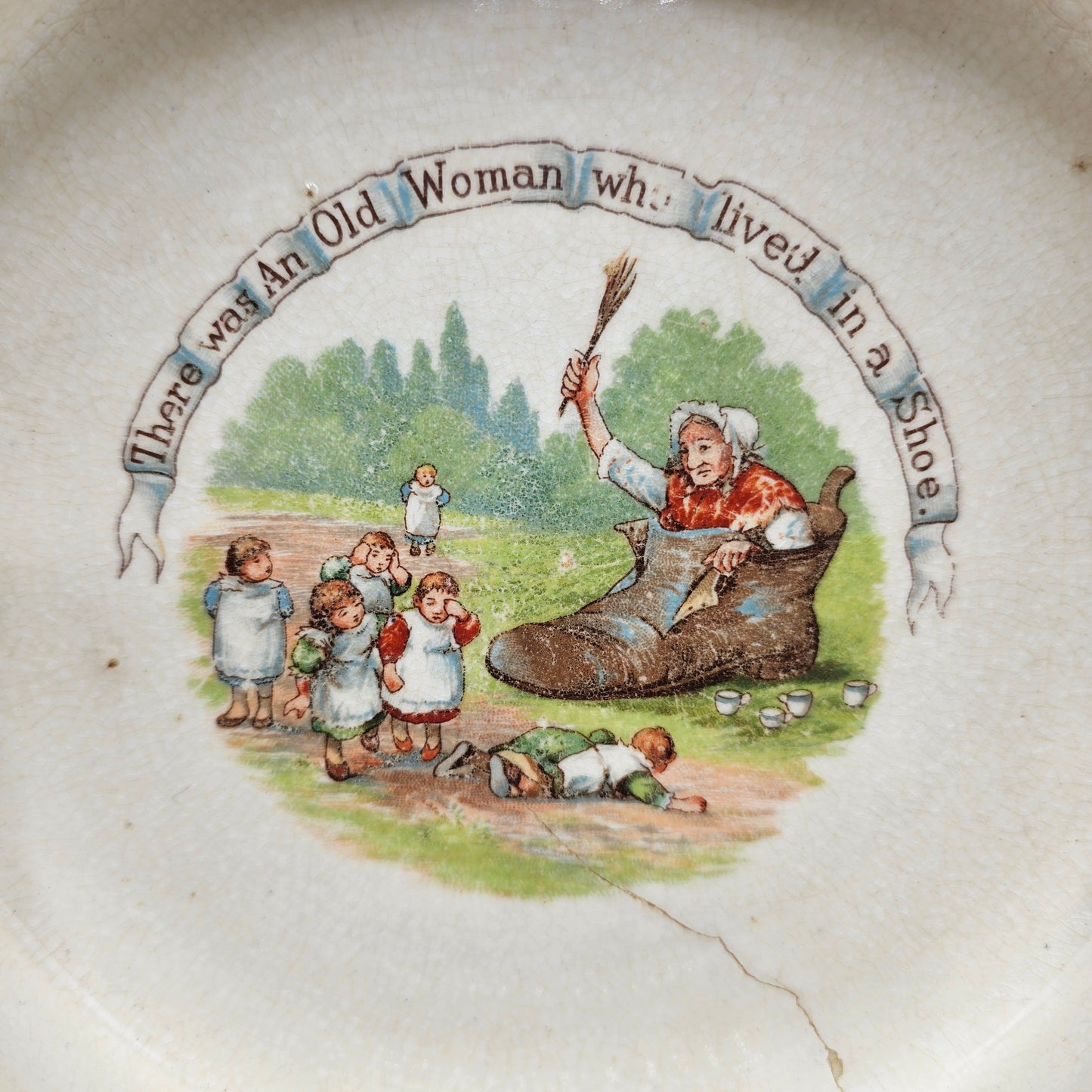 Antique German Childs Porcelain Serving Bowl with ABC Nursery Rhyme Design - There was an old woman... - Wall Hanger Included