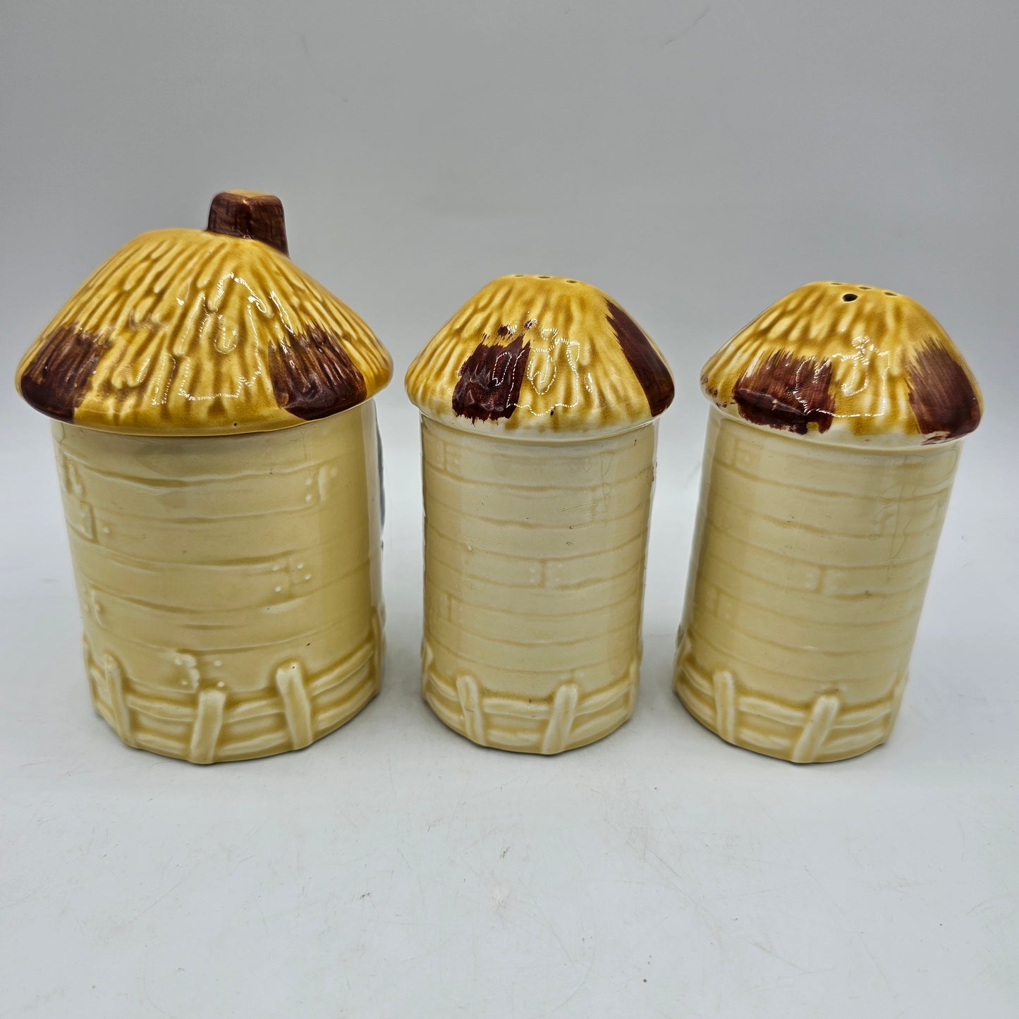 Marks Rosenfeld Farmhouse Salt and Pepper Shakers and Lidded Mustard Pot /Sugar