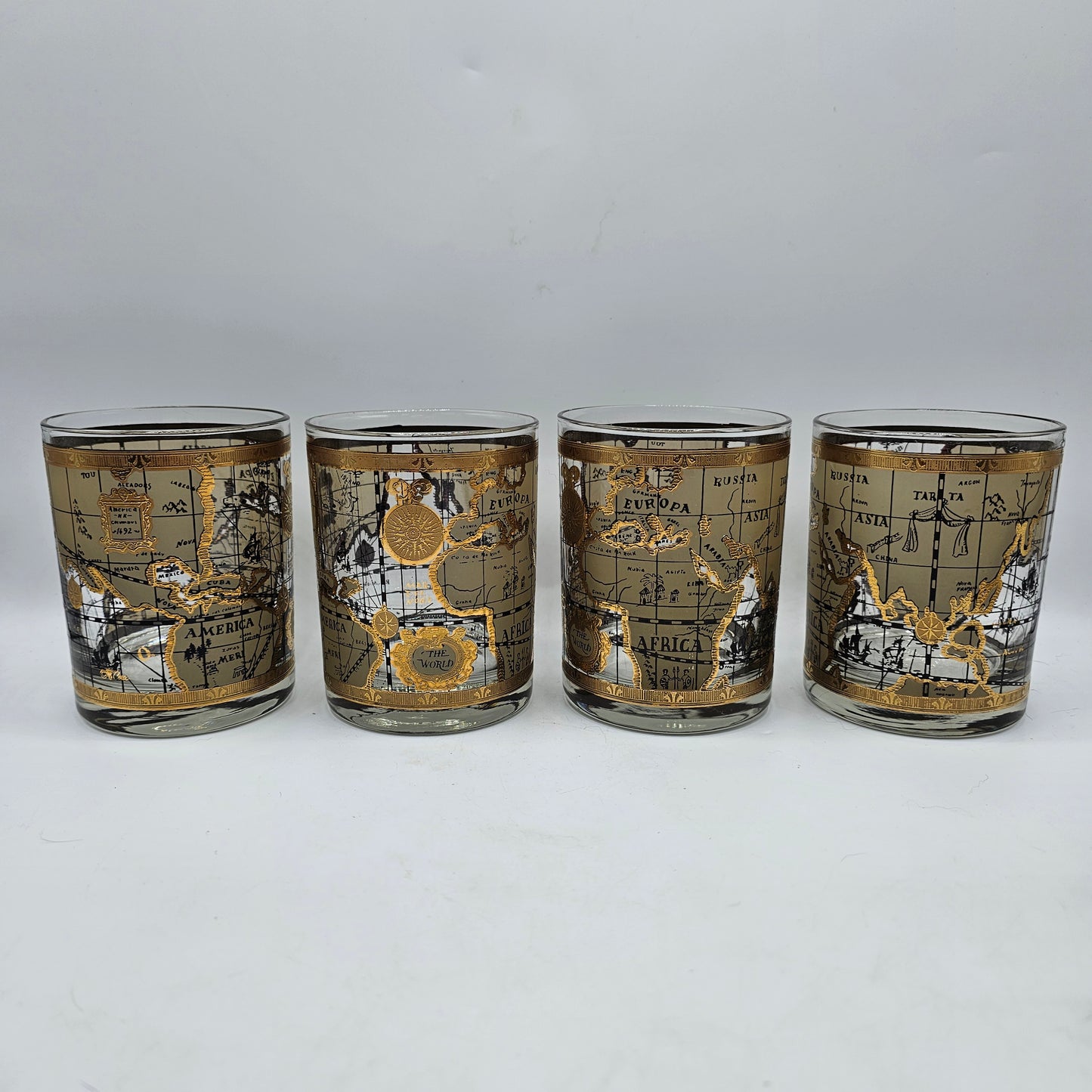 Vintage Cera Old World Globe Map Lowball Whiskey Glasses Tumblers with Applied Gold Design - Set of 4