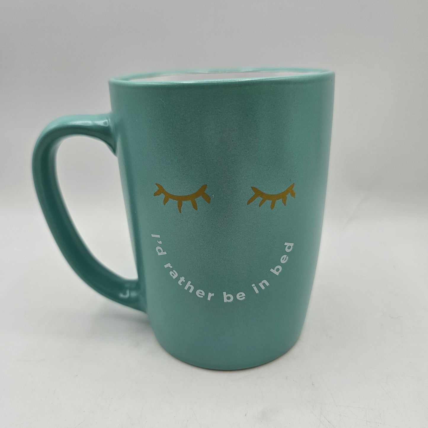 Ayesha Curry "I'd rather be in bed" Tiffany Blue Mug with Gold Eyelashes