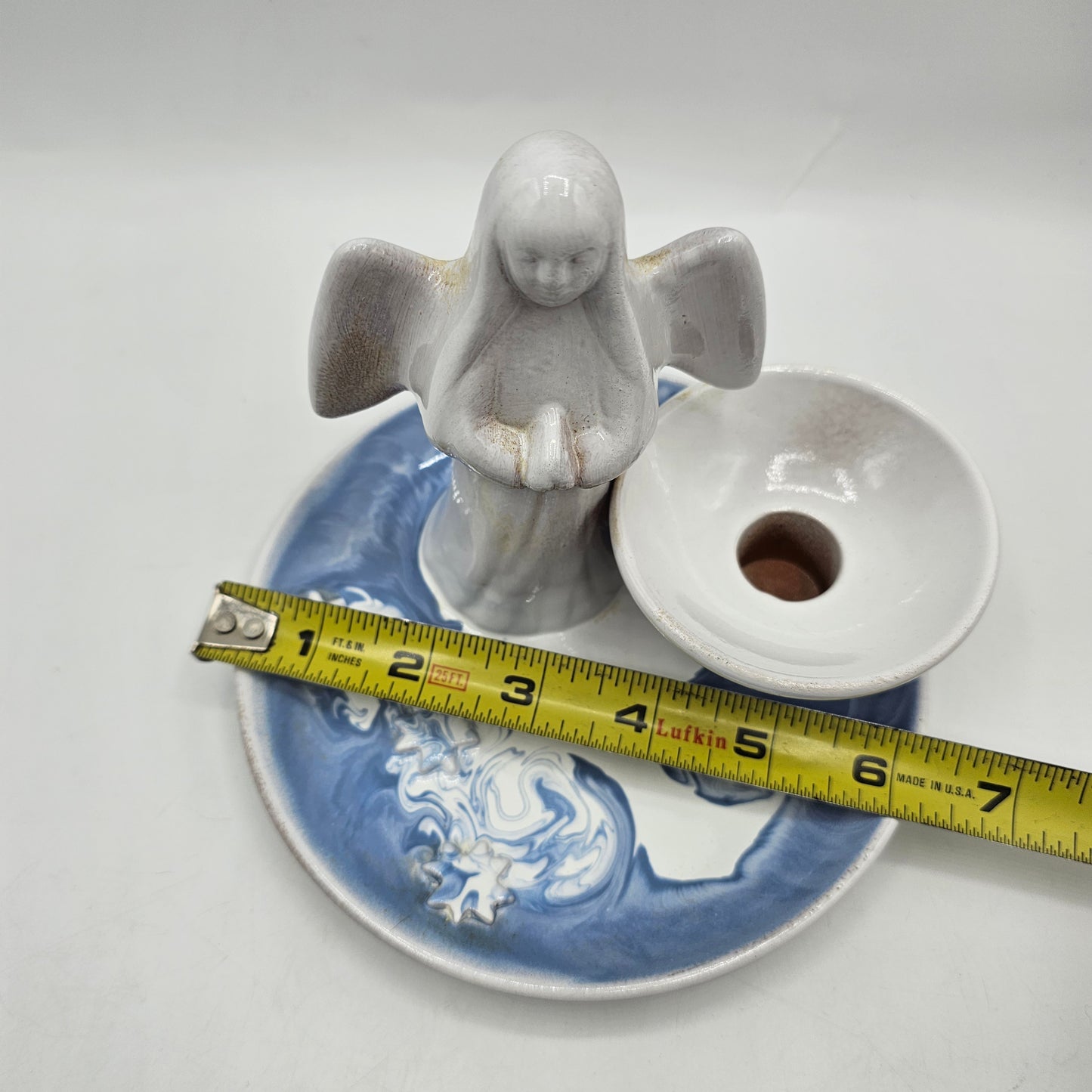 Angel Taper Candle Holder with Blue and White Drip Glaze Trinket Dish
