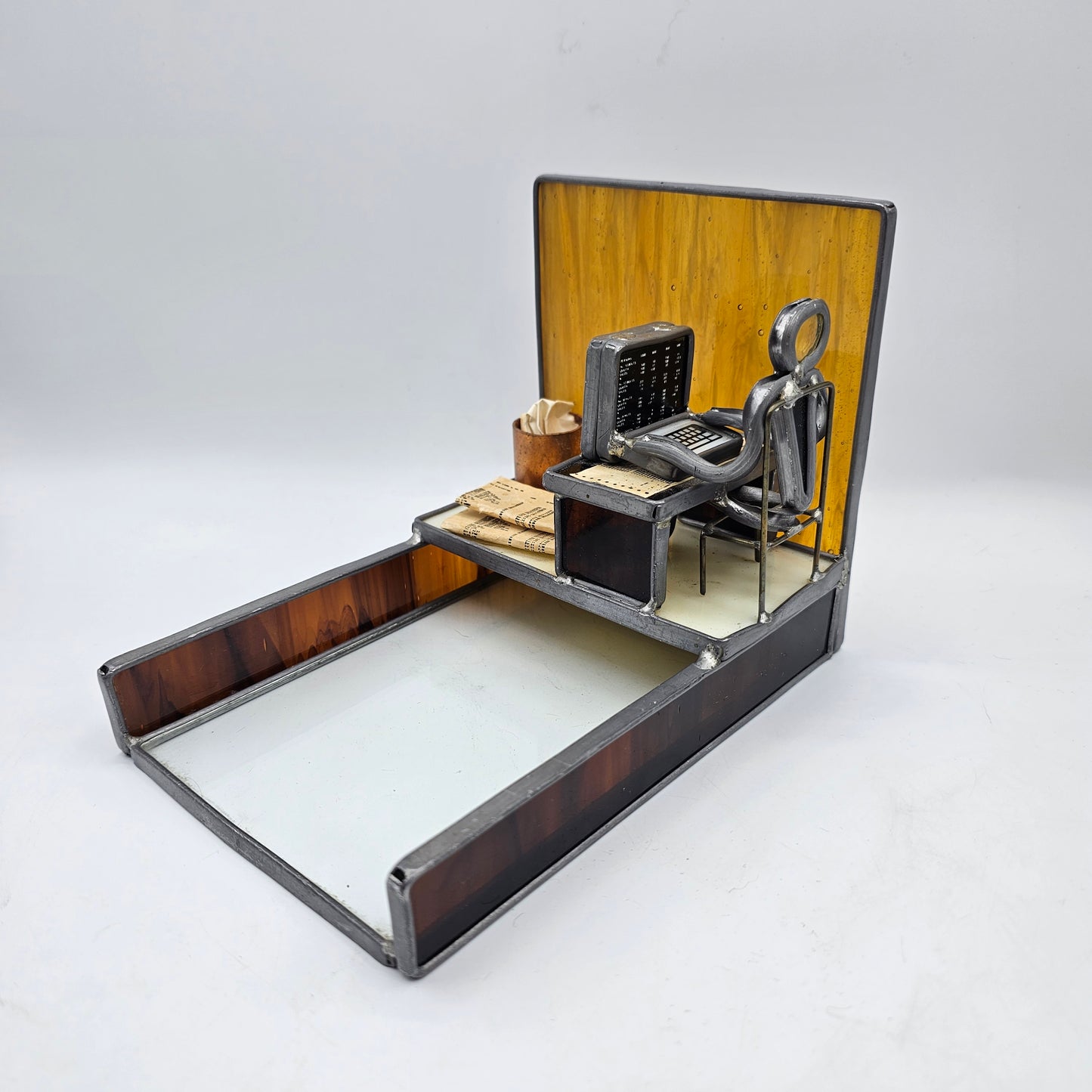 Vintage Carl Goeller Salesman / Stockbroker Sculptural Stained and Leaded Glass Letter Tray Desk Caddy
