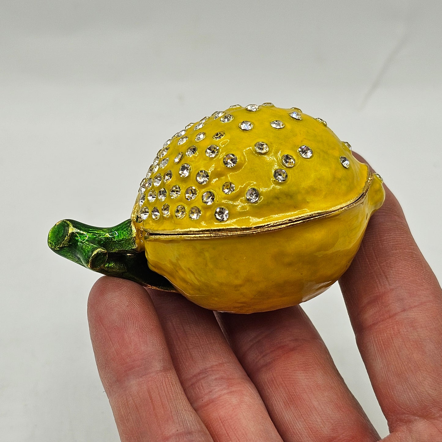 Lemon Enameled Metal Trinket Box with Hinged Lid