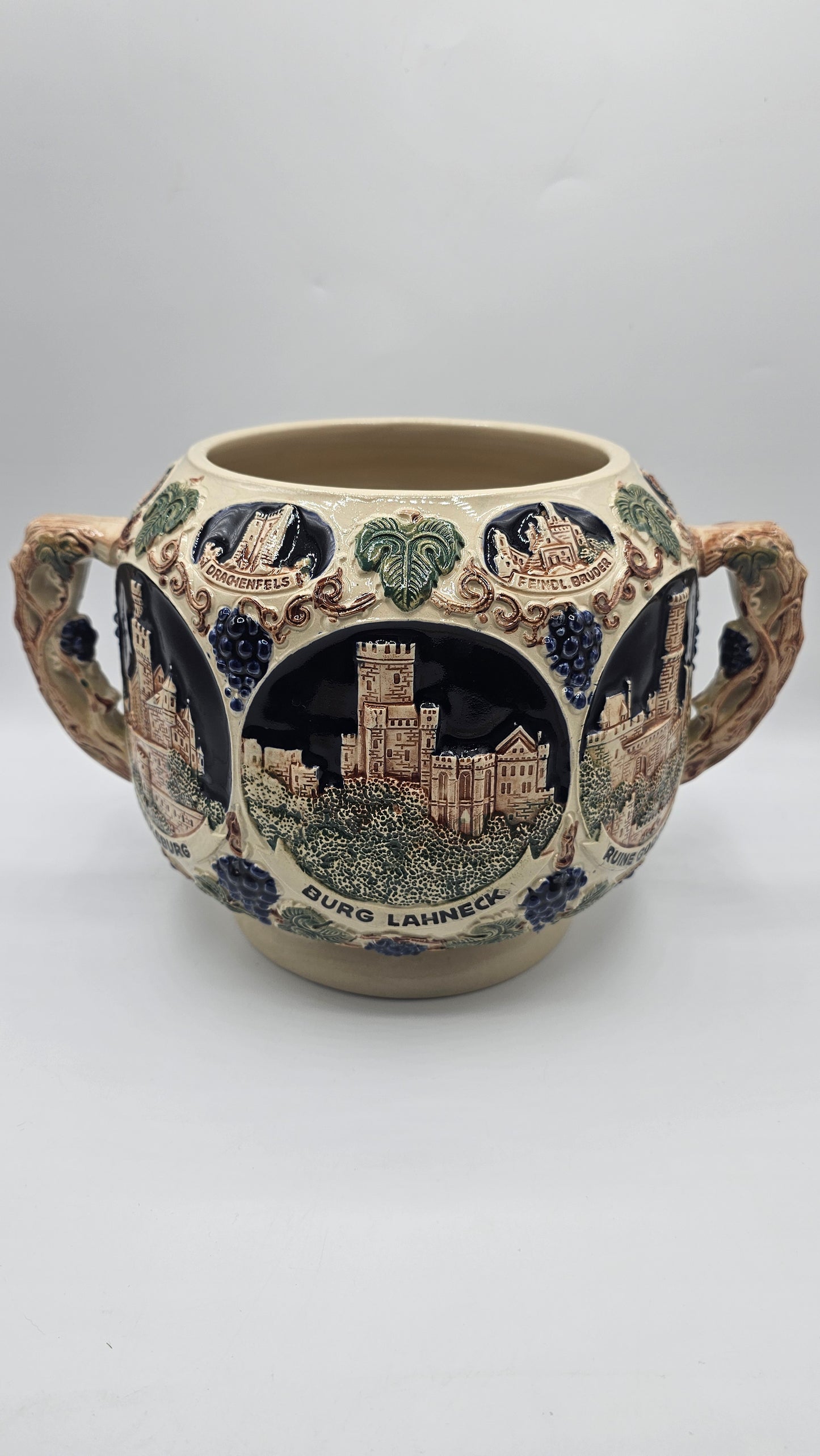 Vintage Gerz Gerzit German Rumtopf Stoneware Punch Bowl / Planter with Relief Rhine Castles
