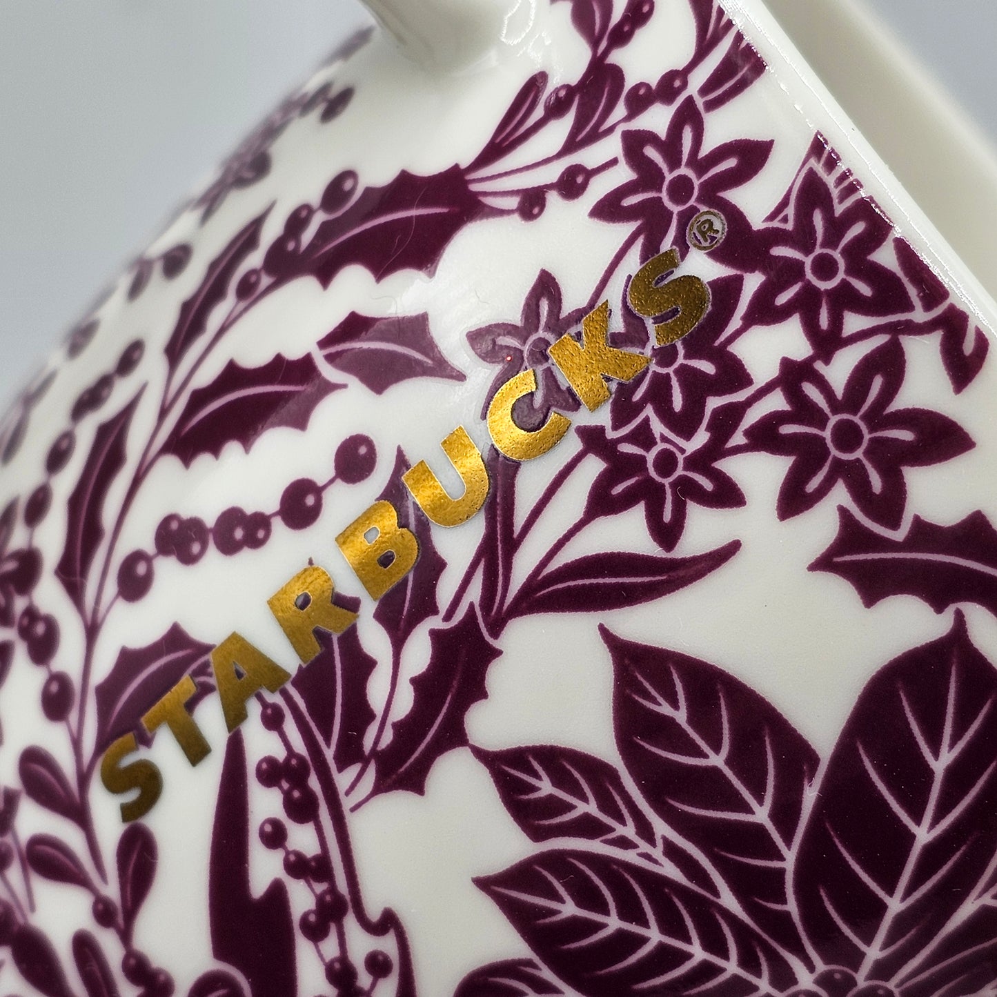 Starbucks Poinsettia Holly Berry and Mistletoe Christmas Tea Cup Style Mug White with Burgundy Floral Pattern - Set of 2