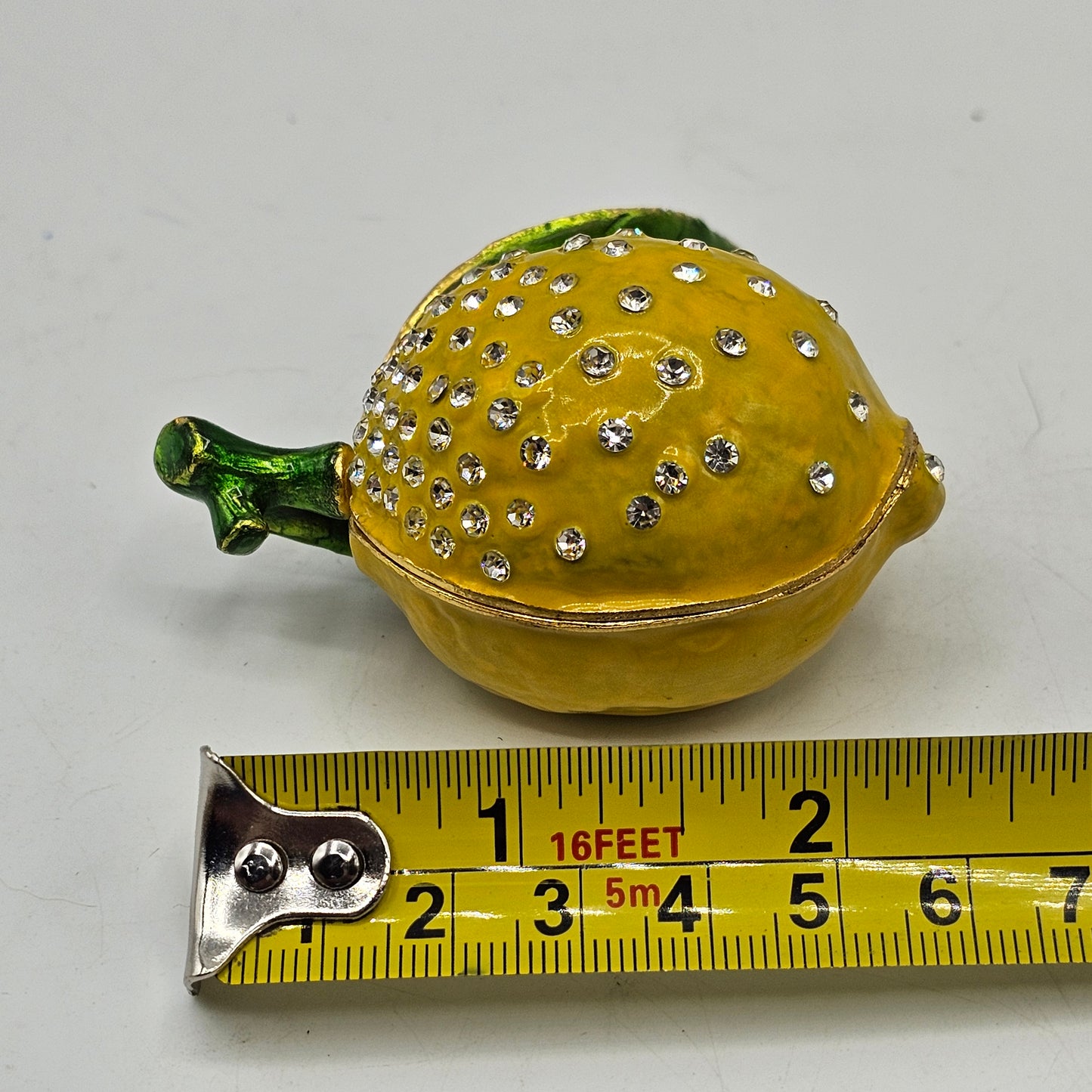 Lemon Enameled Metal Trinket Box with Hinged Lid