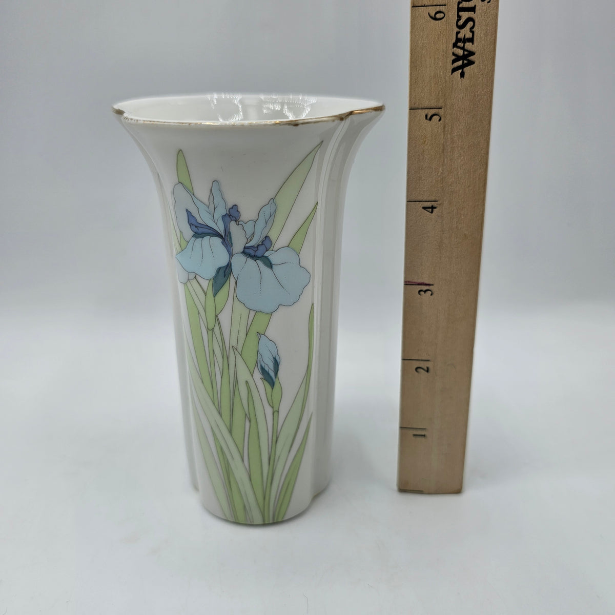 Vintage Porcelain Bud Vase with Blue Iris Flowers by Fuji of Japan (wear to gold as noted)