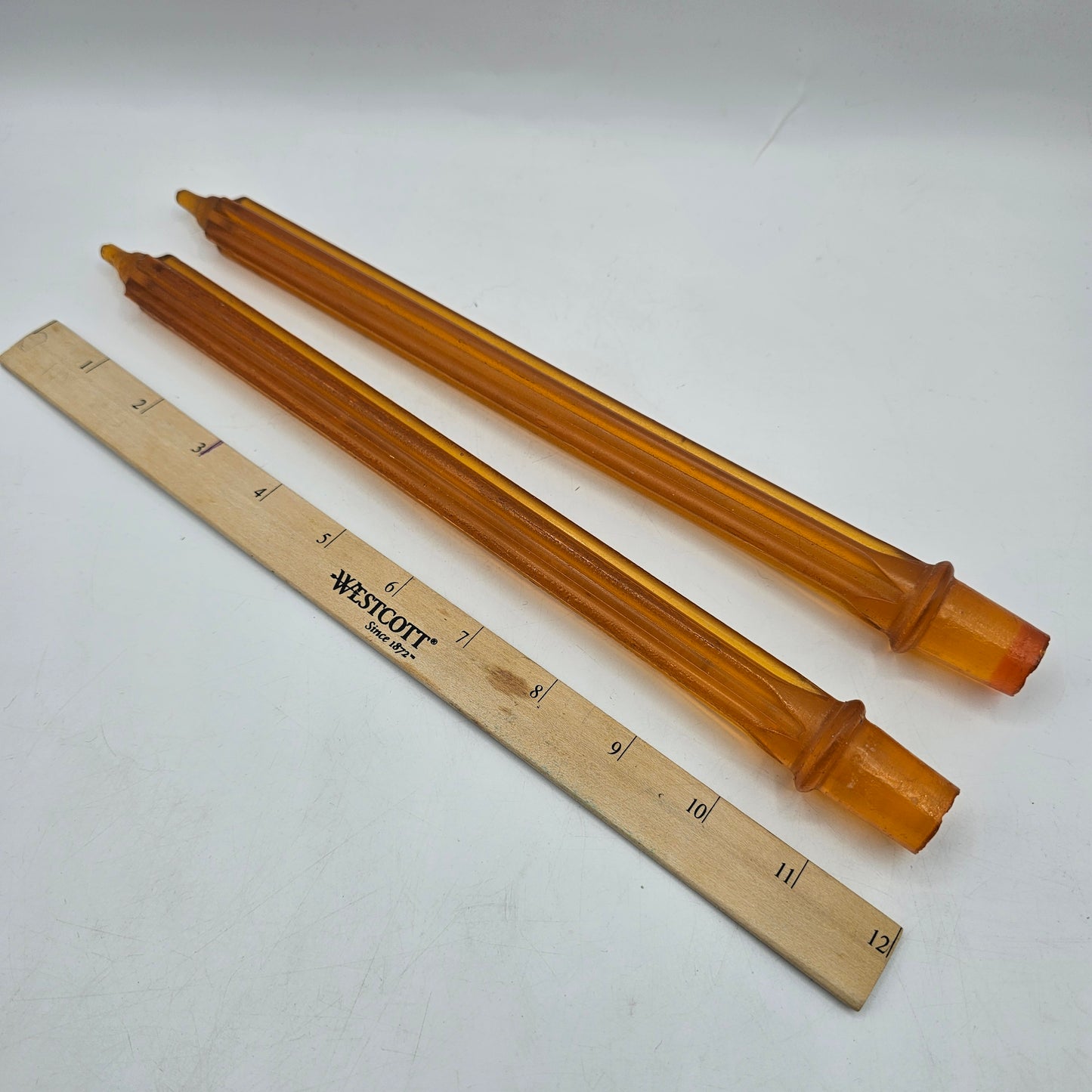 Pair of Vintage Ridged Lucite Orange Faux Taper Candles (no wicks)