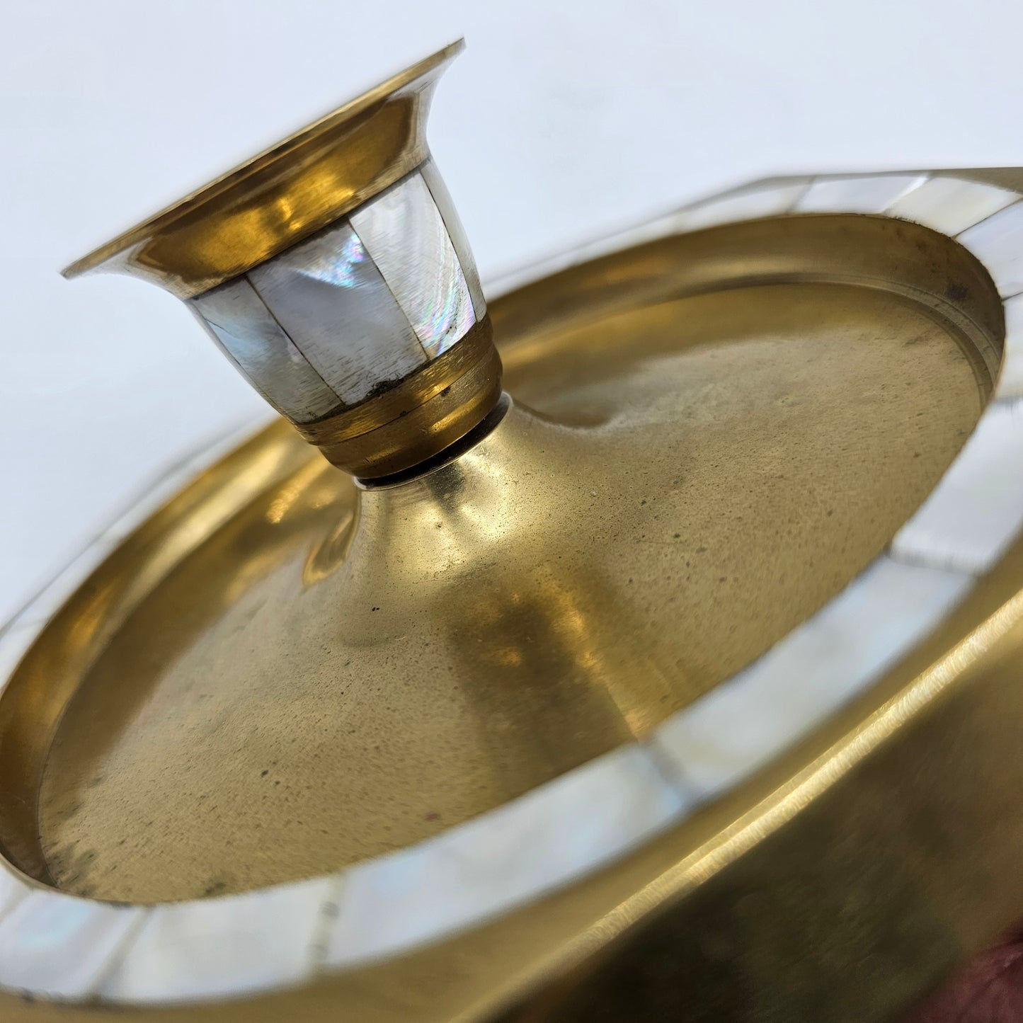 Vintage Solid Brass Taper Candle Holder with Inlaid Mother of Pearl and Octagonal Shaped Drip Tray
