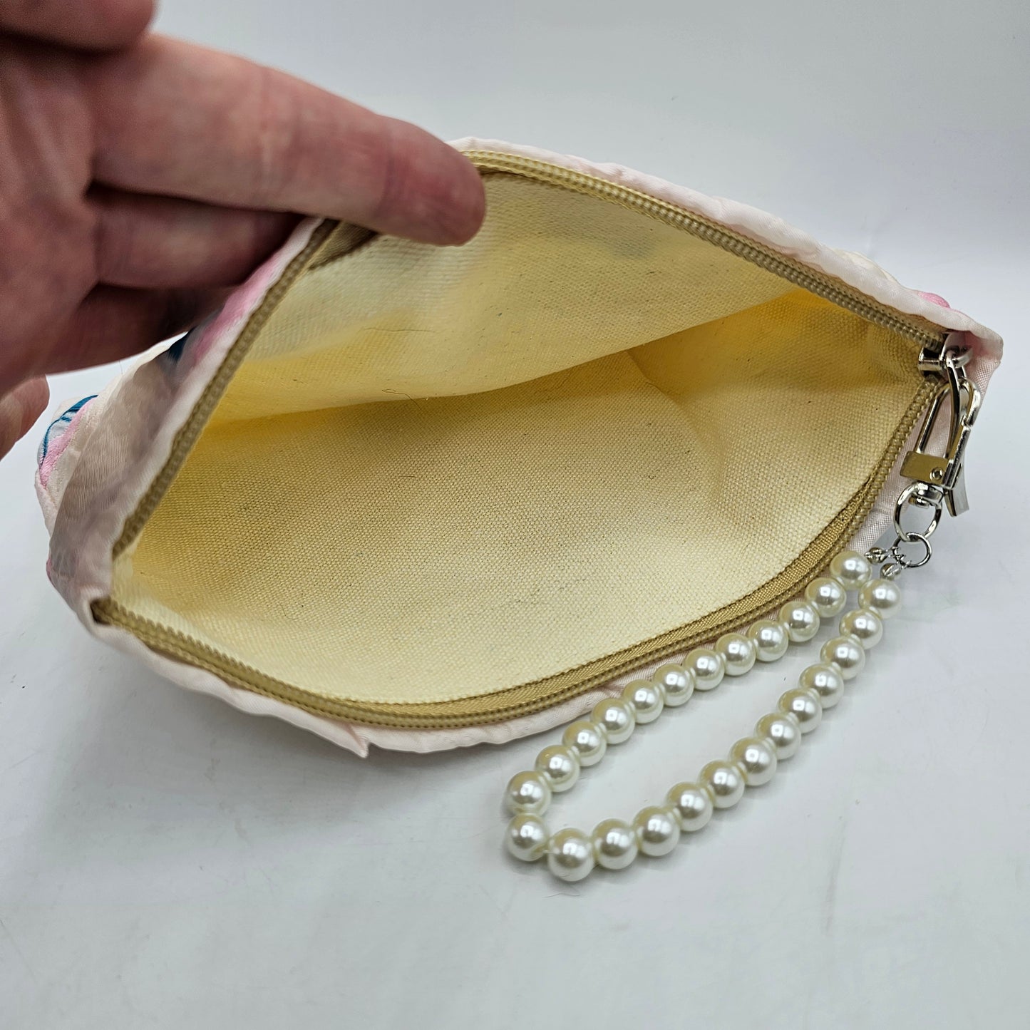 The Summer Swan Pink Zip Up Wristlet Purse / Make Up Bag with Cherries and Faux Pearl Pull Handle