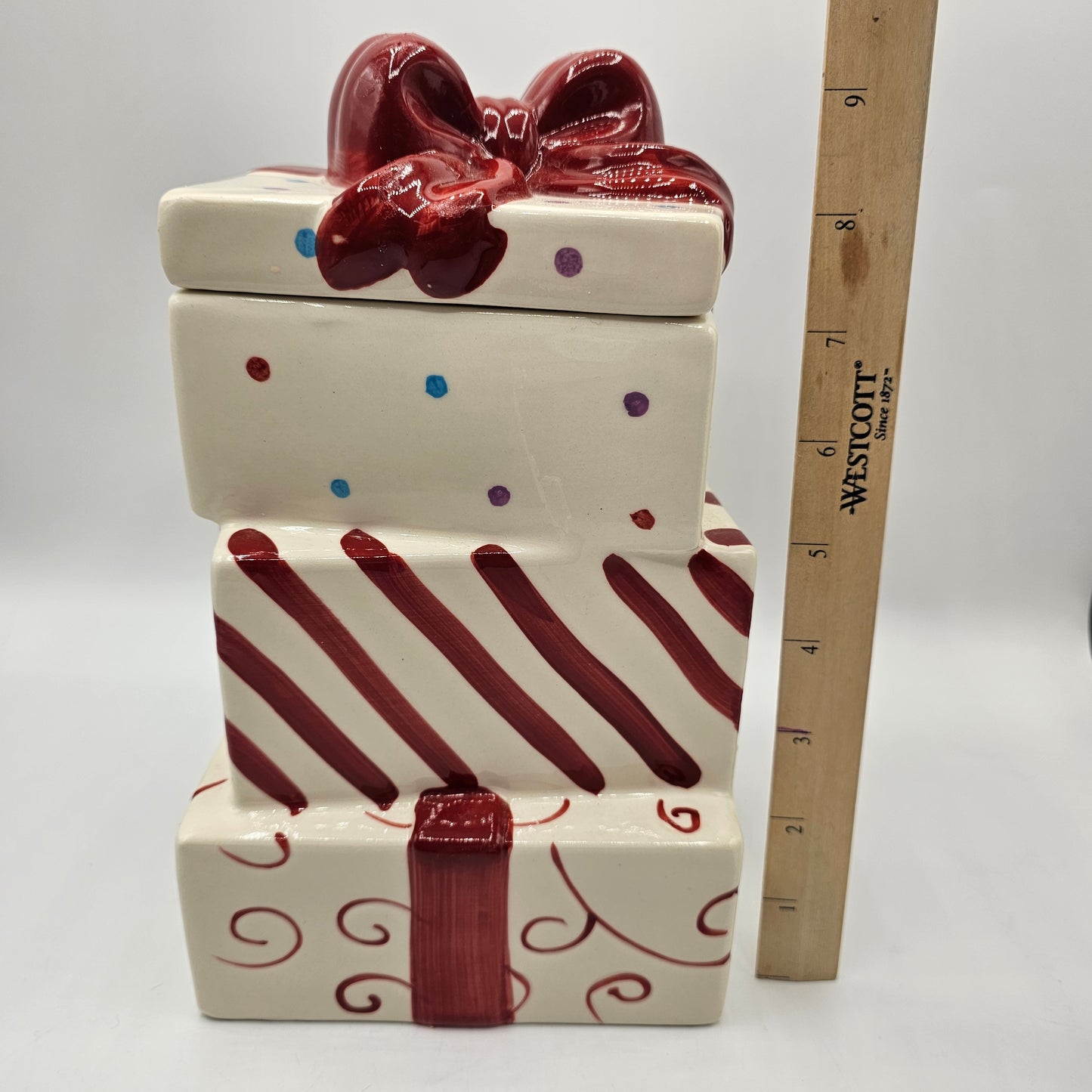 Polka Dot and Bow Stacked Presents Ceramic Cookie Jar with Candy Cane Stripes