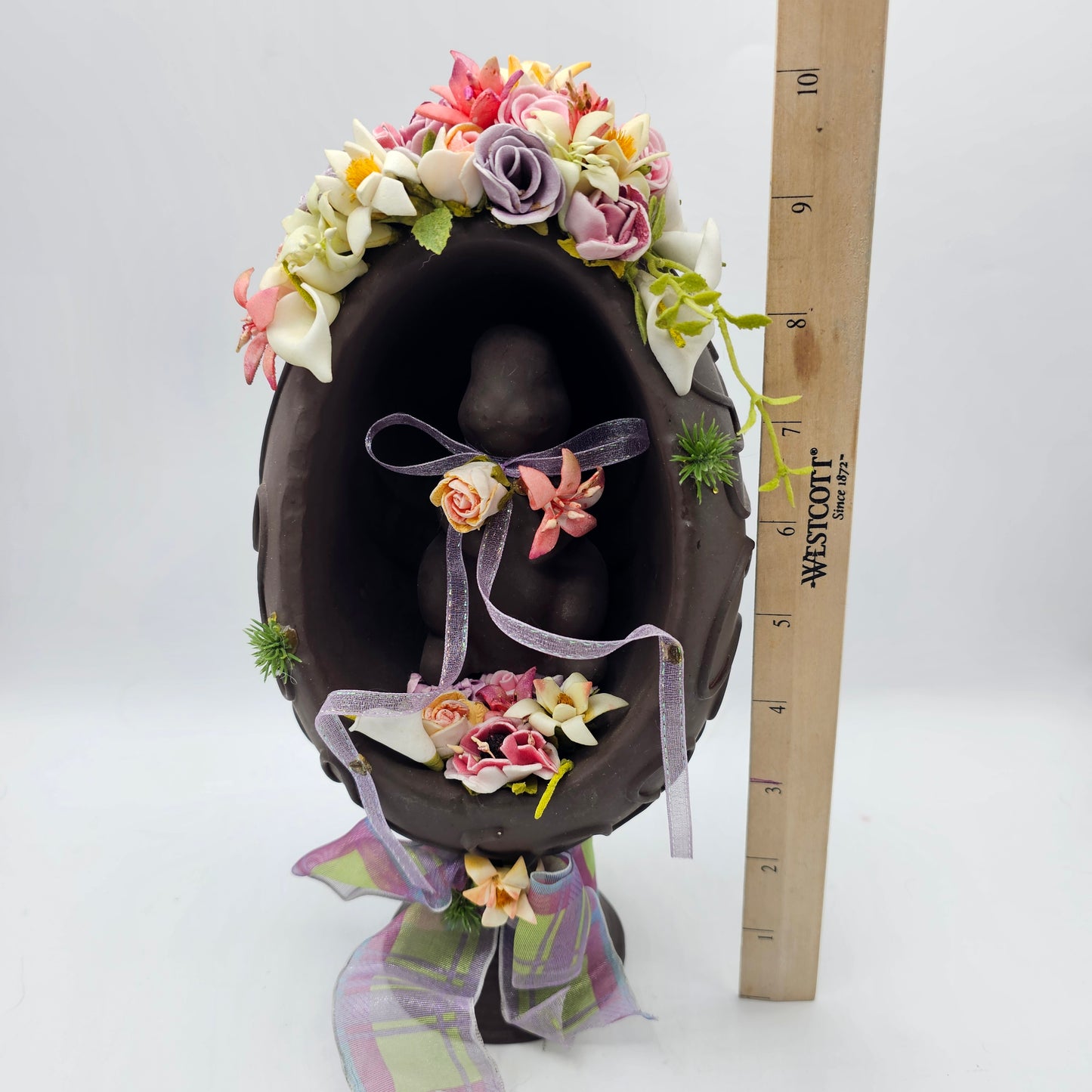 Faux Chocolate Easter Egg Decor with Bunny Rabbit and Foam Spring Flowers